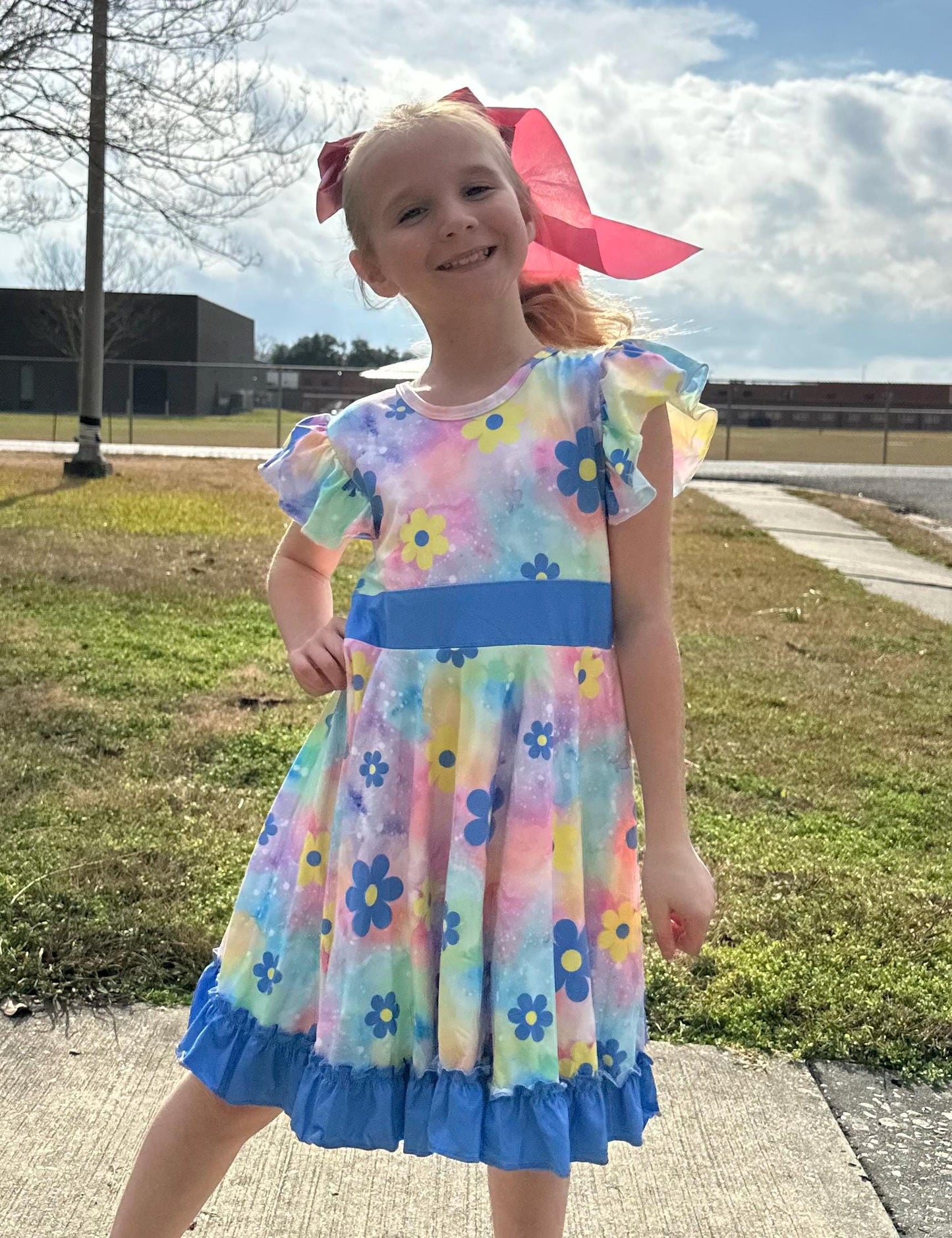 Rainbow Pastel Flower Bow Back Twirl Fress with Shorts