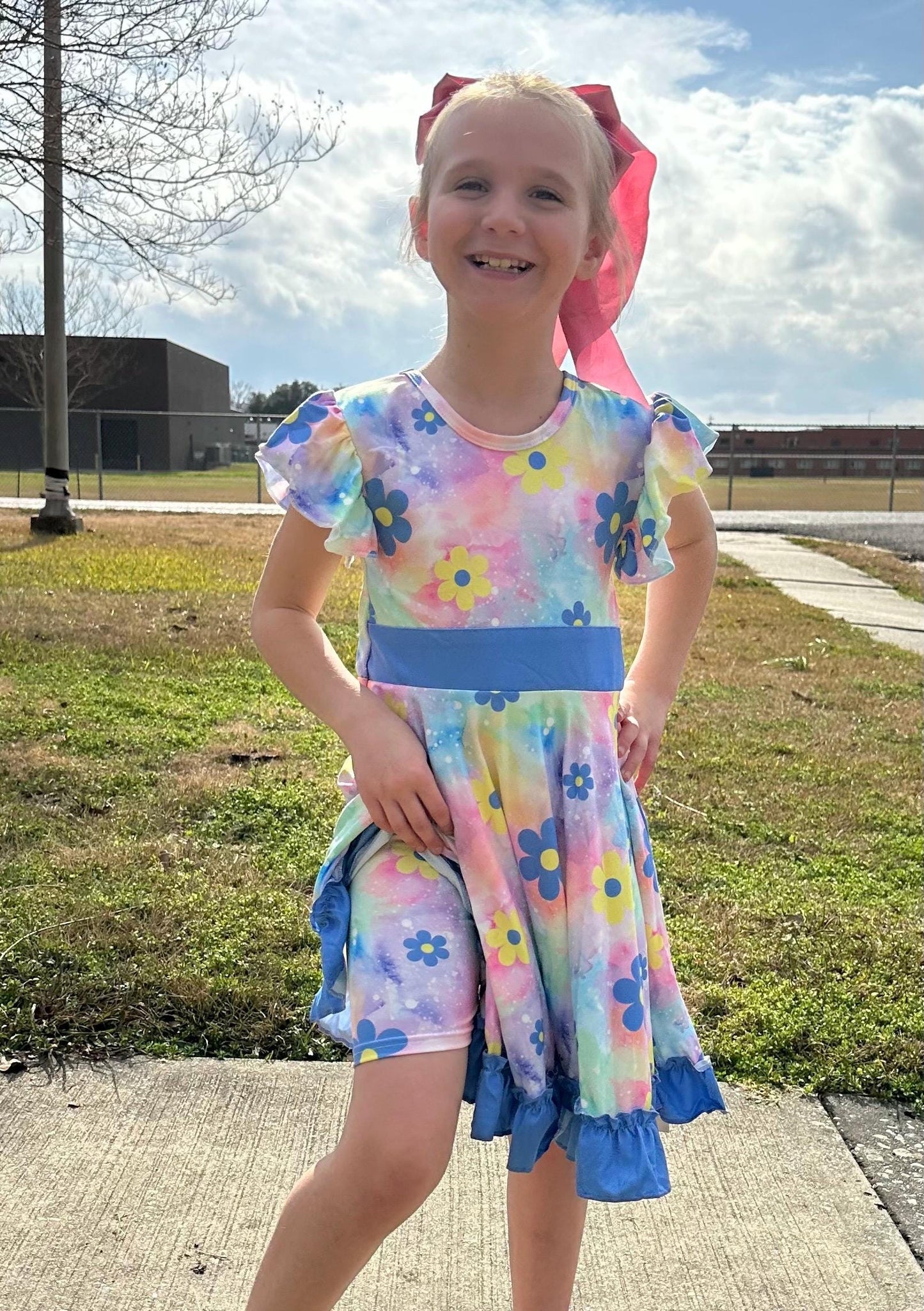 Rainbow Pastel Flower Bow Back Twirl Fress with Shorts