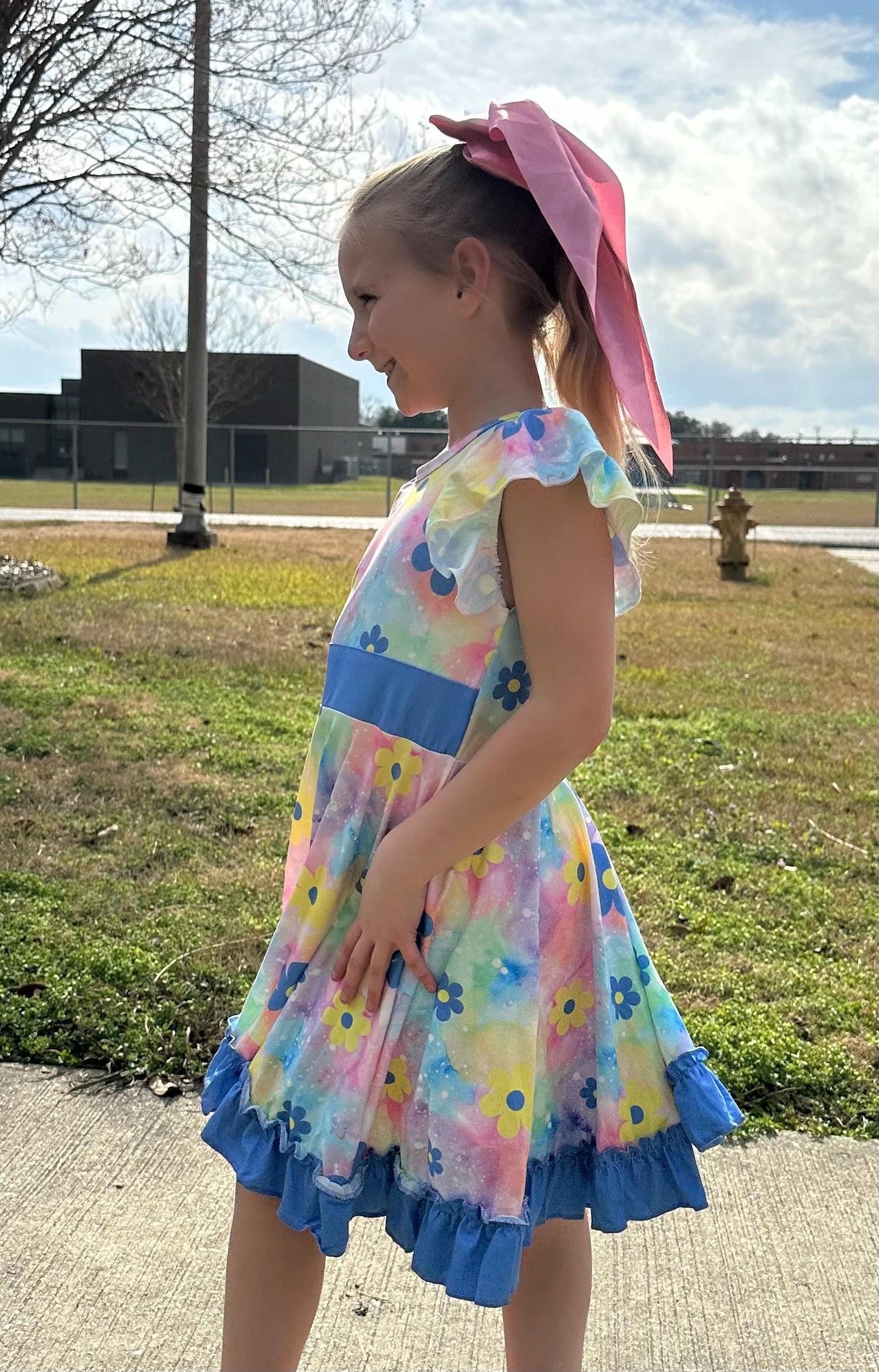 Rainbow Pastel Flower Bow Back Twirl Fress with Shorts