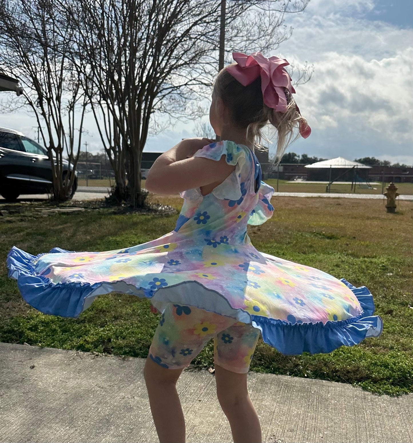 Rainbow Pastel Flower Bow Back Twirl Fress with Shorts