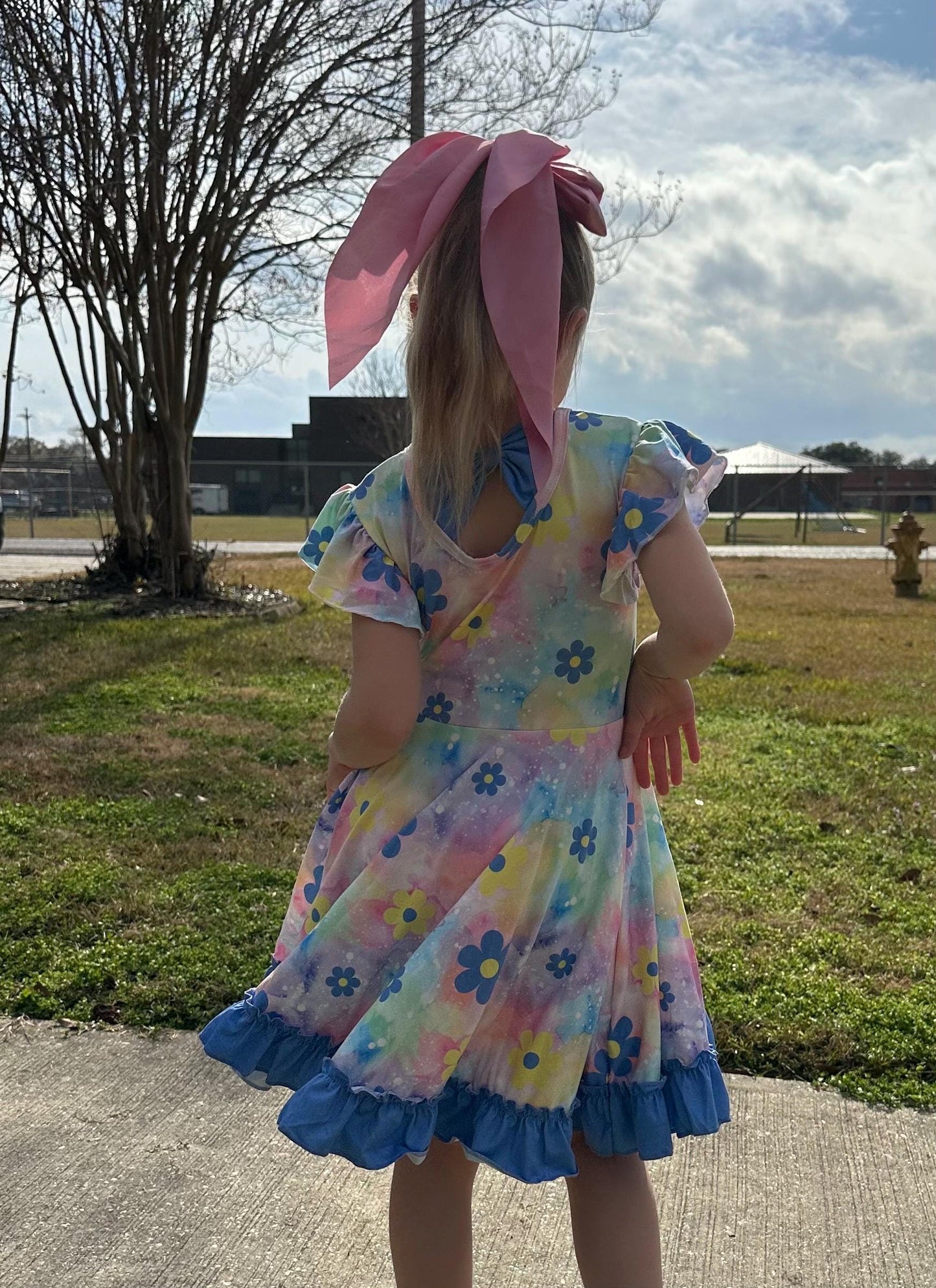Rainbow Pastel Flower Bow Back Twirl Fress with Shorts