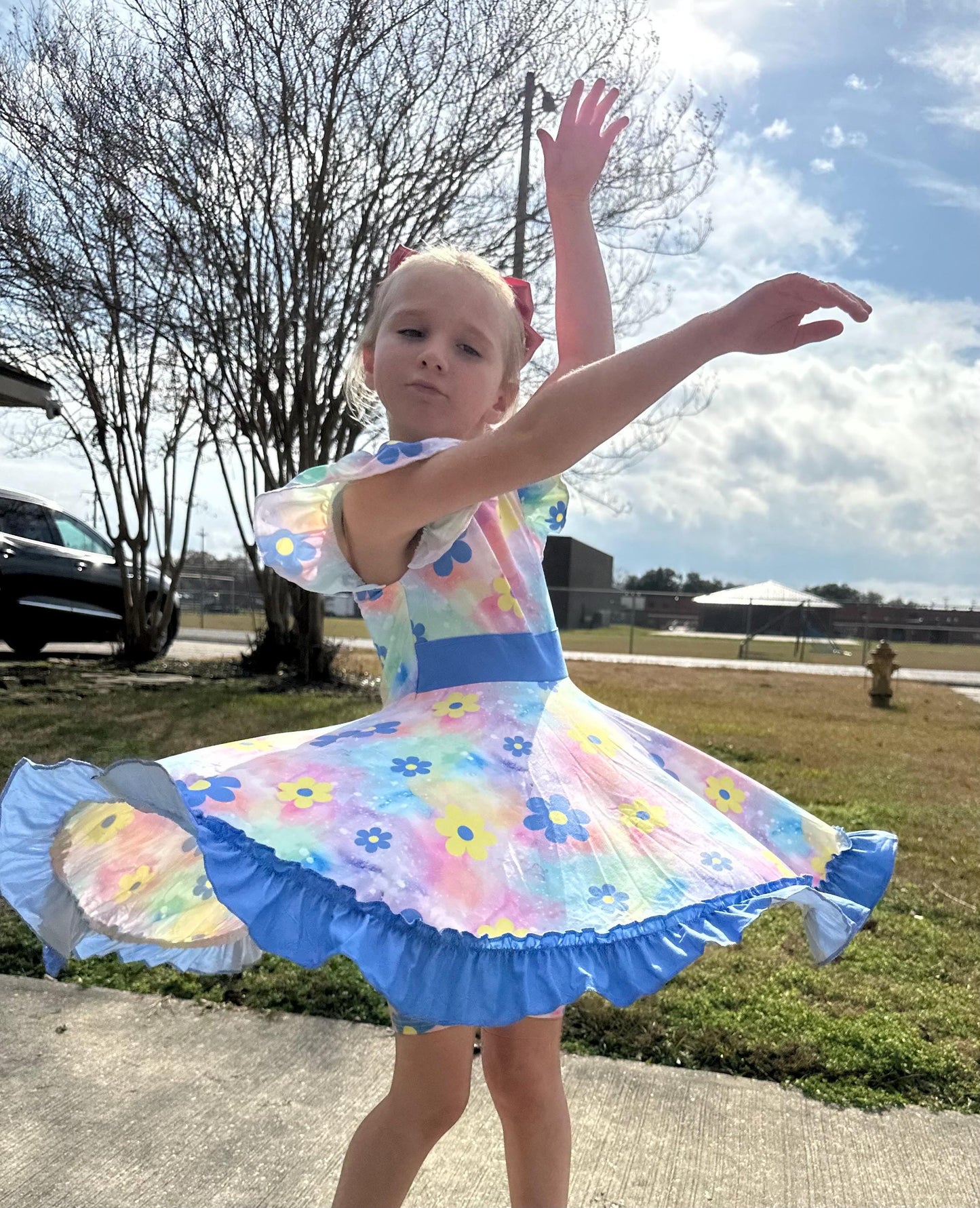 Rainbow Pastel Flower Bow Back Twirl Fress with Shorts