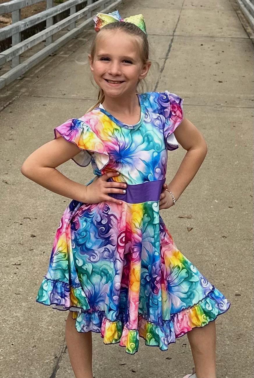 Rainbow Watercolor Swirls Bow Back Twirl Dress