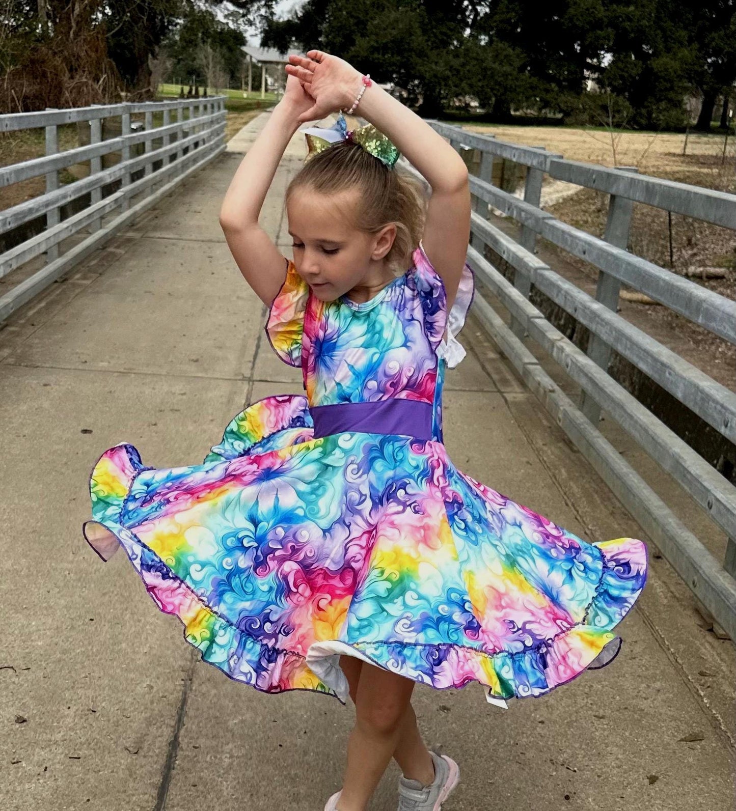 Rainbow Watercolor Swirls Bow Back Twirl Dress