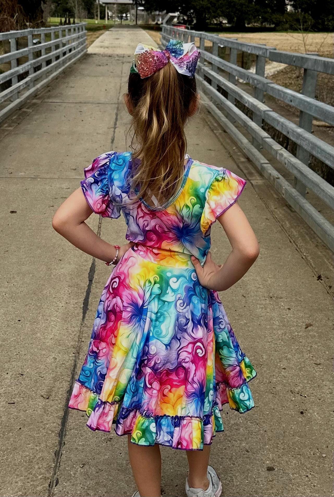 Rainbow Watercolor Swirls Bow Back Twirl Dress