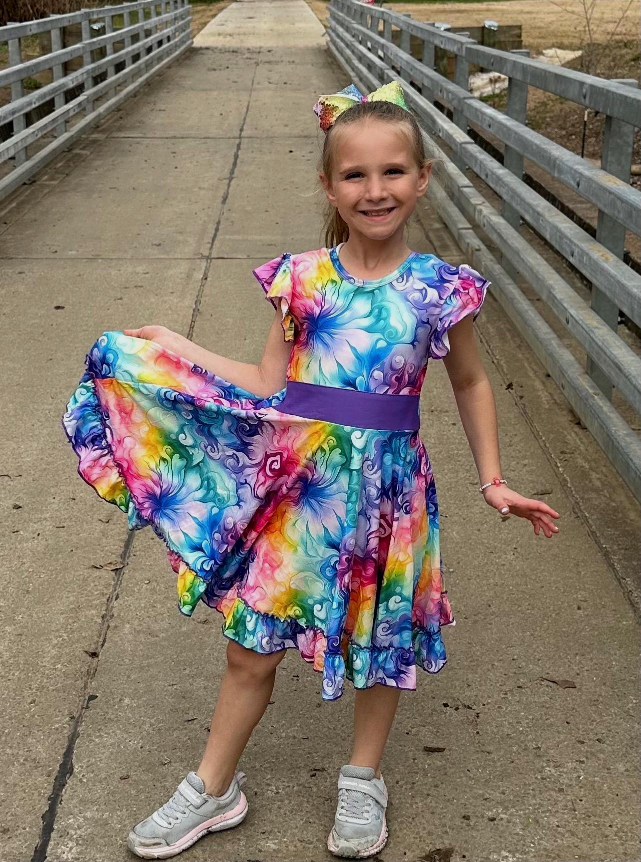Rainbow Watercolor Swirls Bow Back Twirl Dress