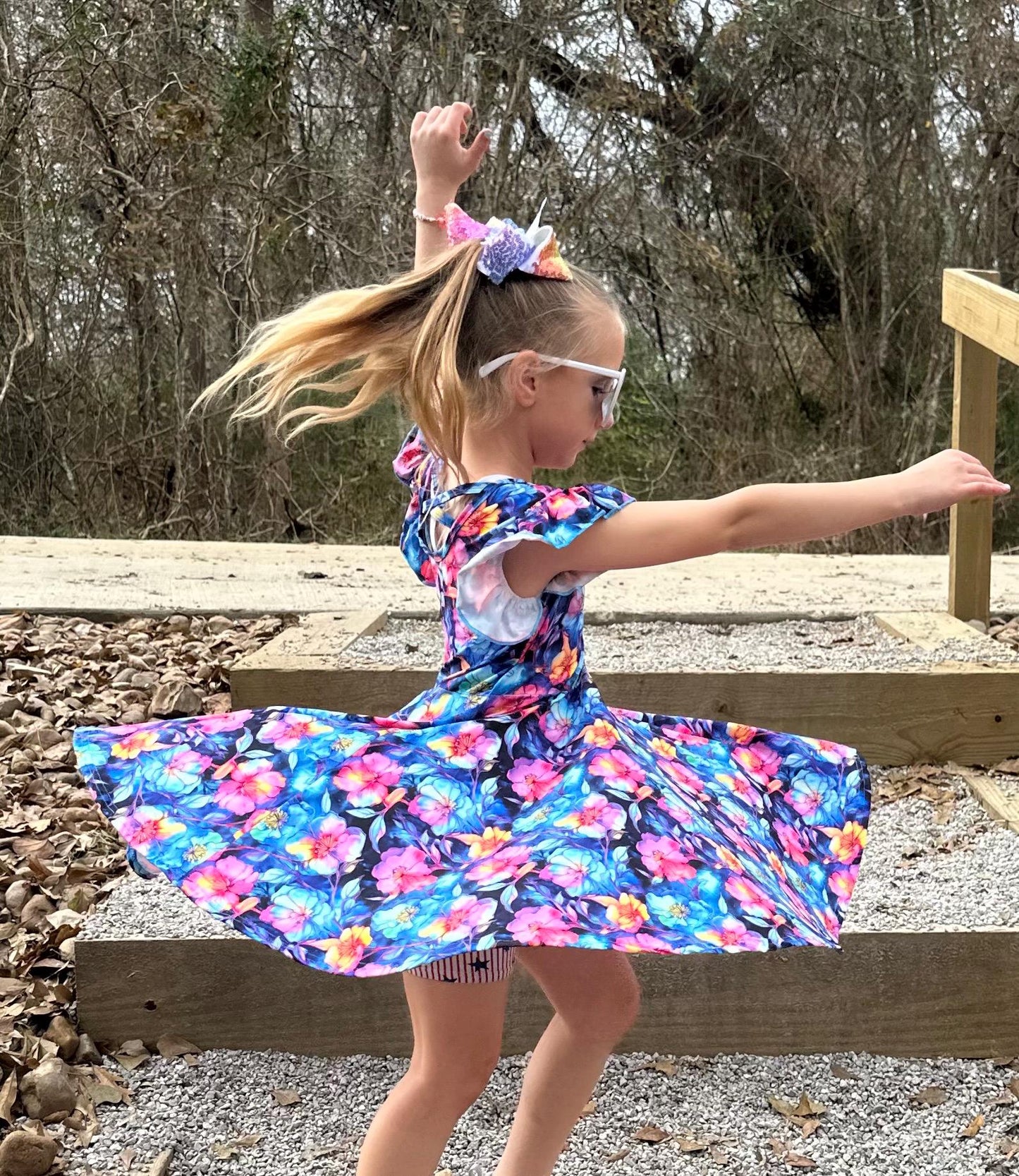 Electric Blue Floral Crossback Twirl Dress