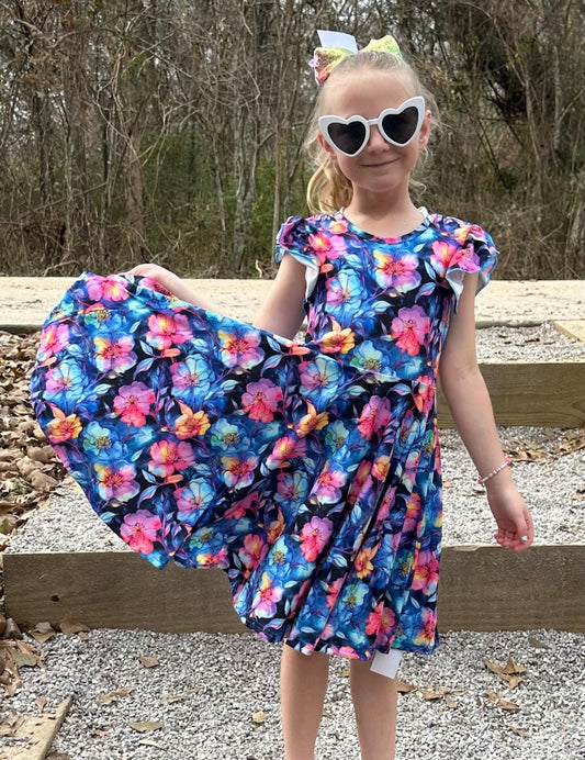 Electric Blue Floral Crossback Twirl Dress