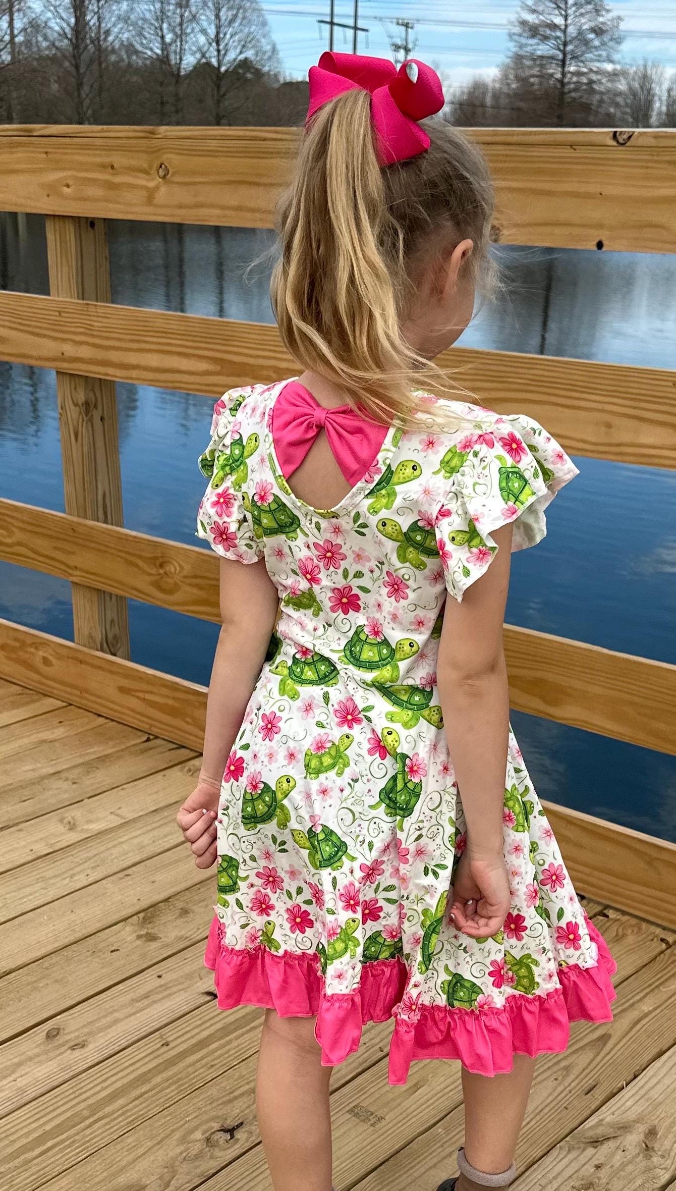 Floral Turtles Bow Back Twirl Dress