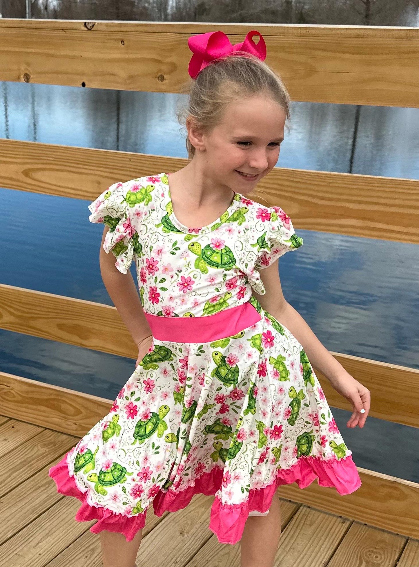 Floral Turtles Bow Back Twirl Dress