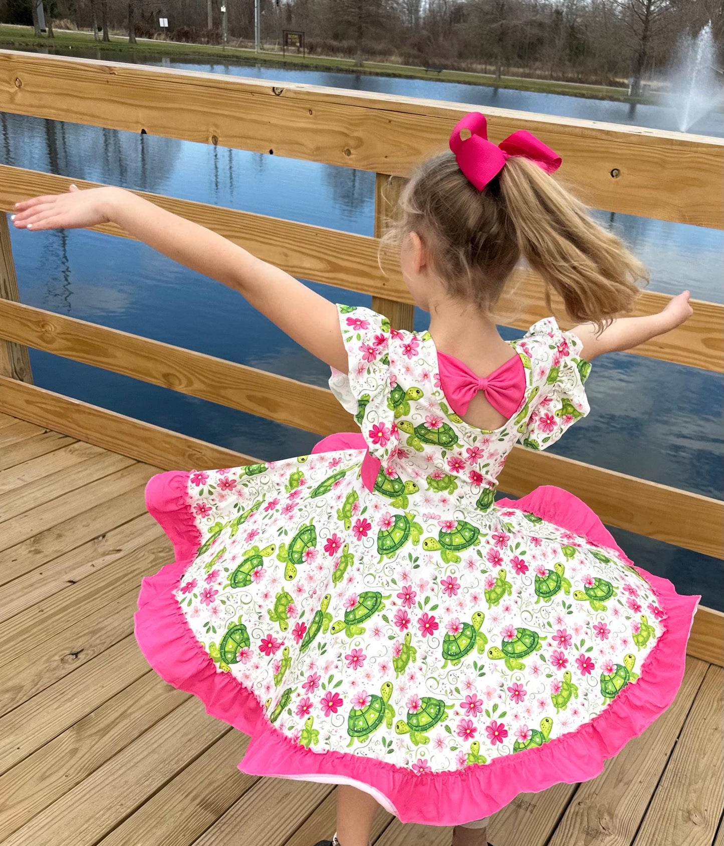 Floral Turtles Bow Back Twirl Dress