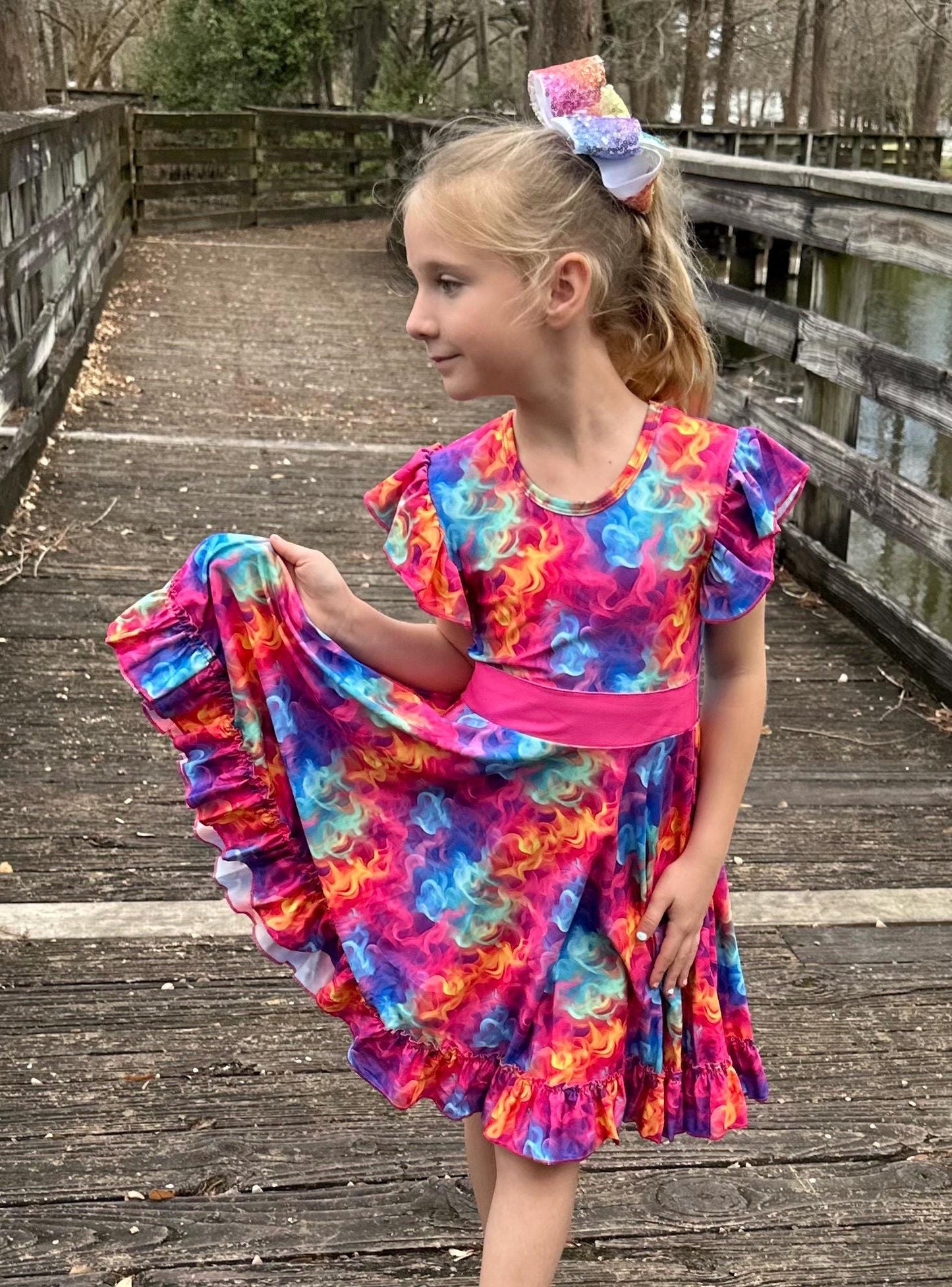Electric Rainbow Bow Back Twirl Dress