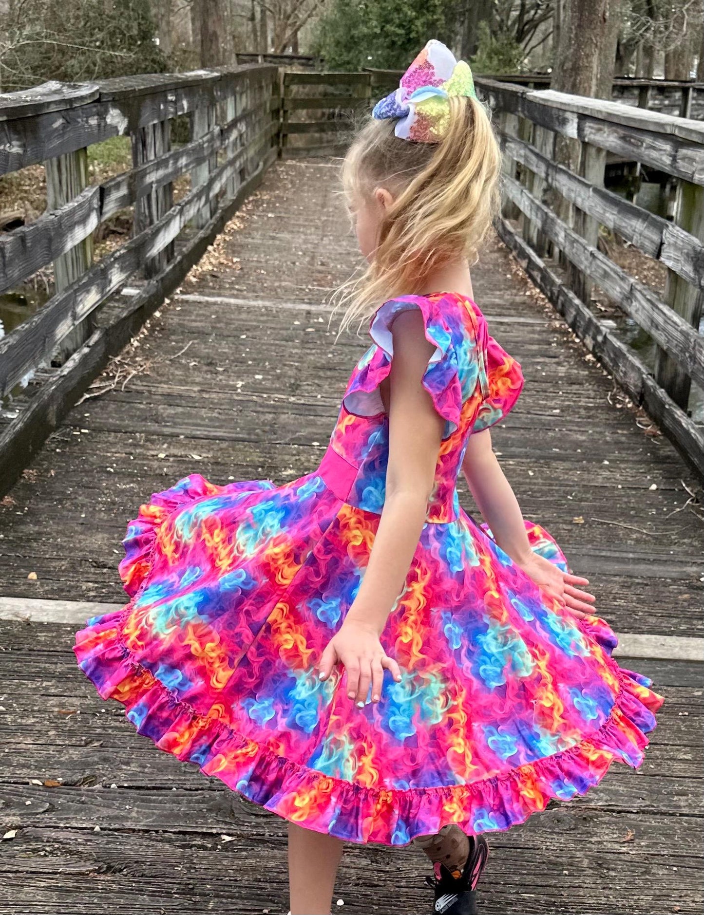 Electric Rainbow Bow Back Twirl Dress