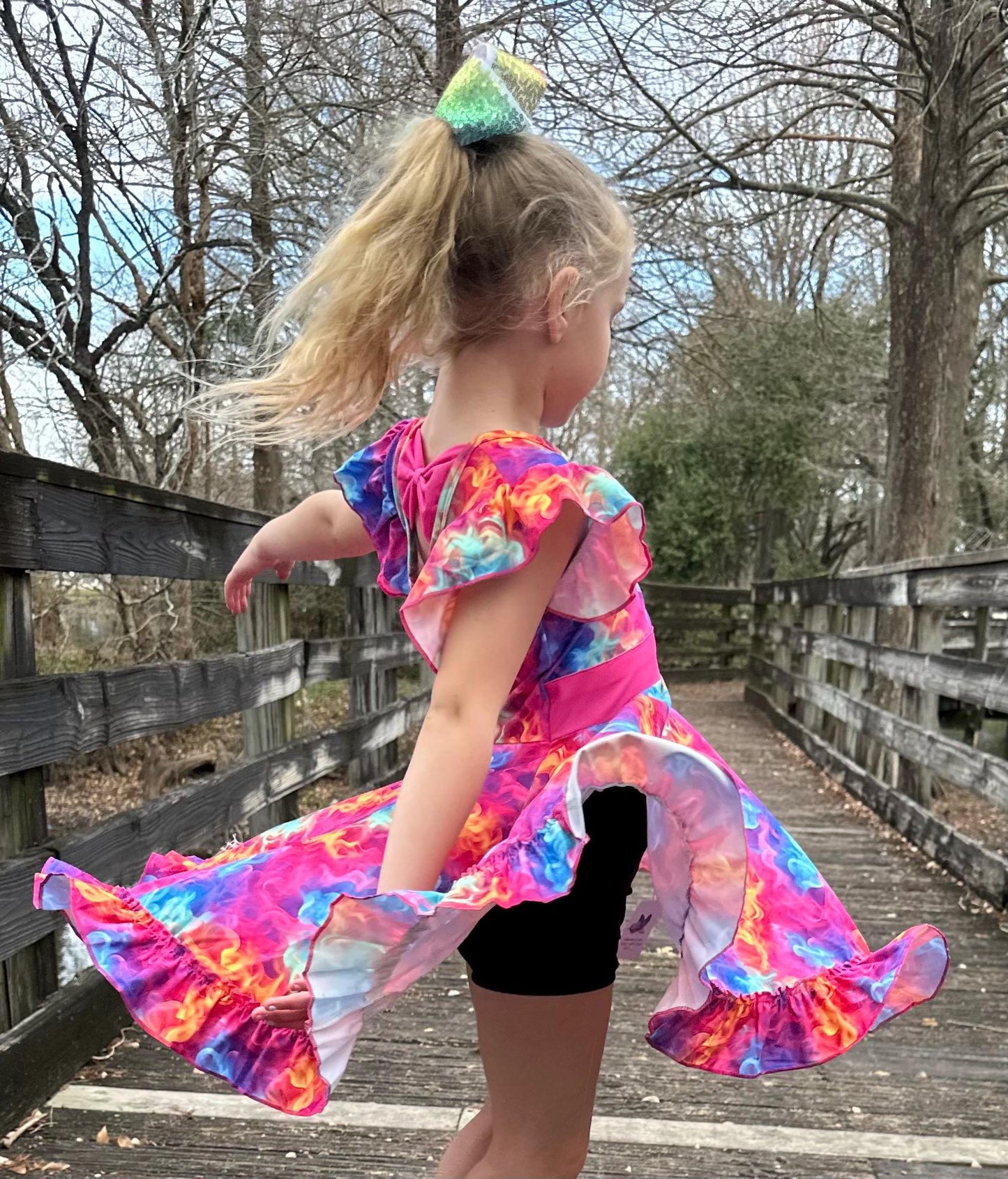Electric Rainbow Bow Back Twirl Dress