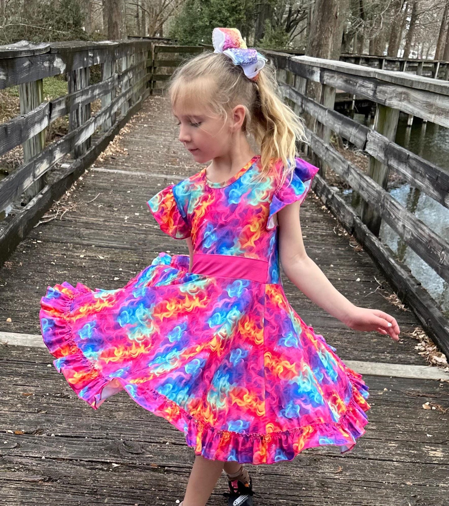 Electric Rainbow Bow Back Twirl Dress