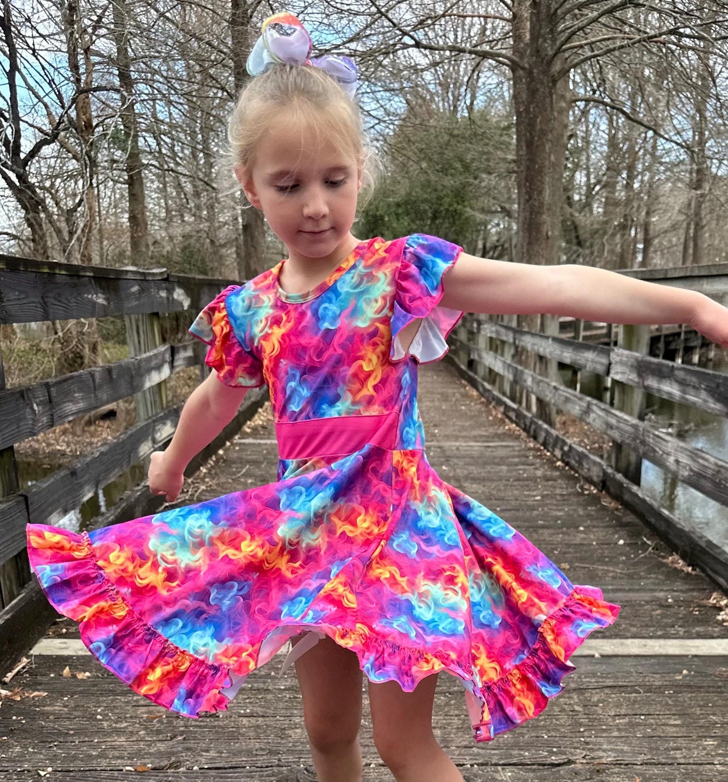 Electric Rainbow Bow Back Twirl Dress