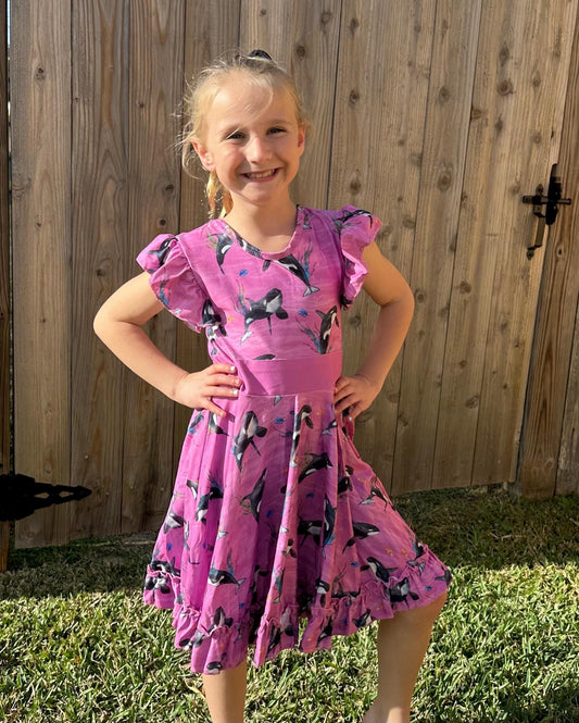 Whales Bow Back Twirl Dress