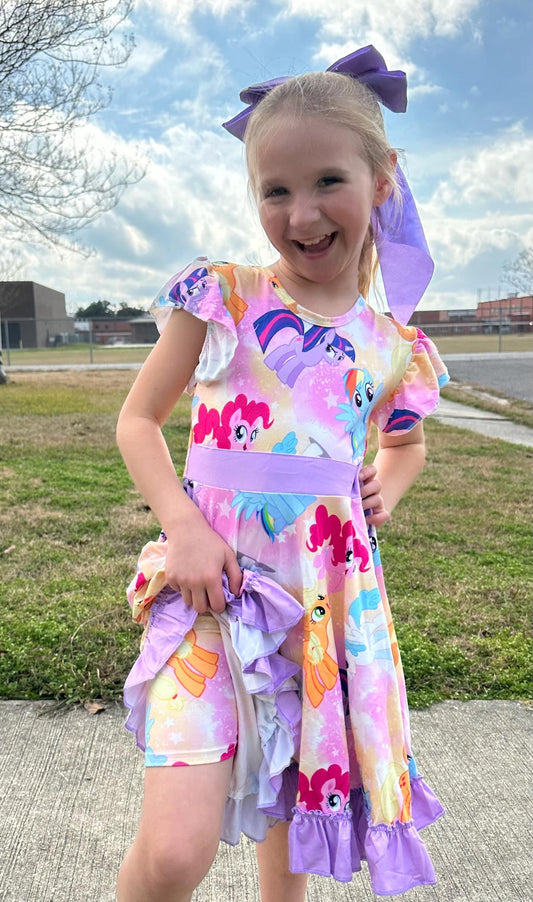 Purple Pony Bow Back Twirl Dress with Shorts