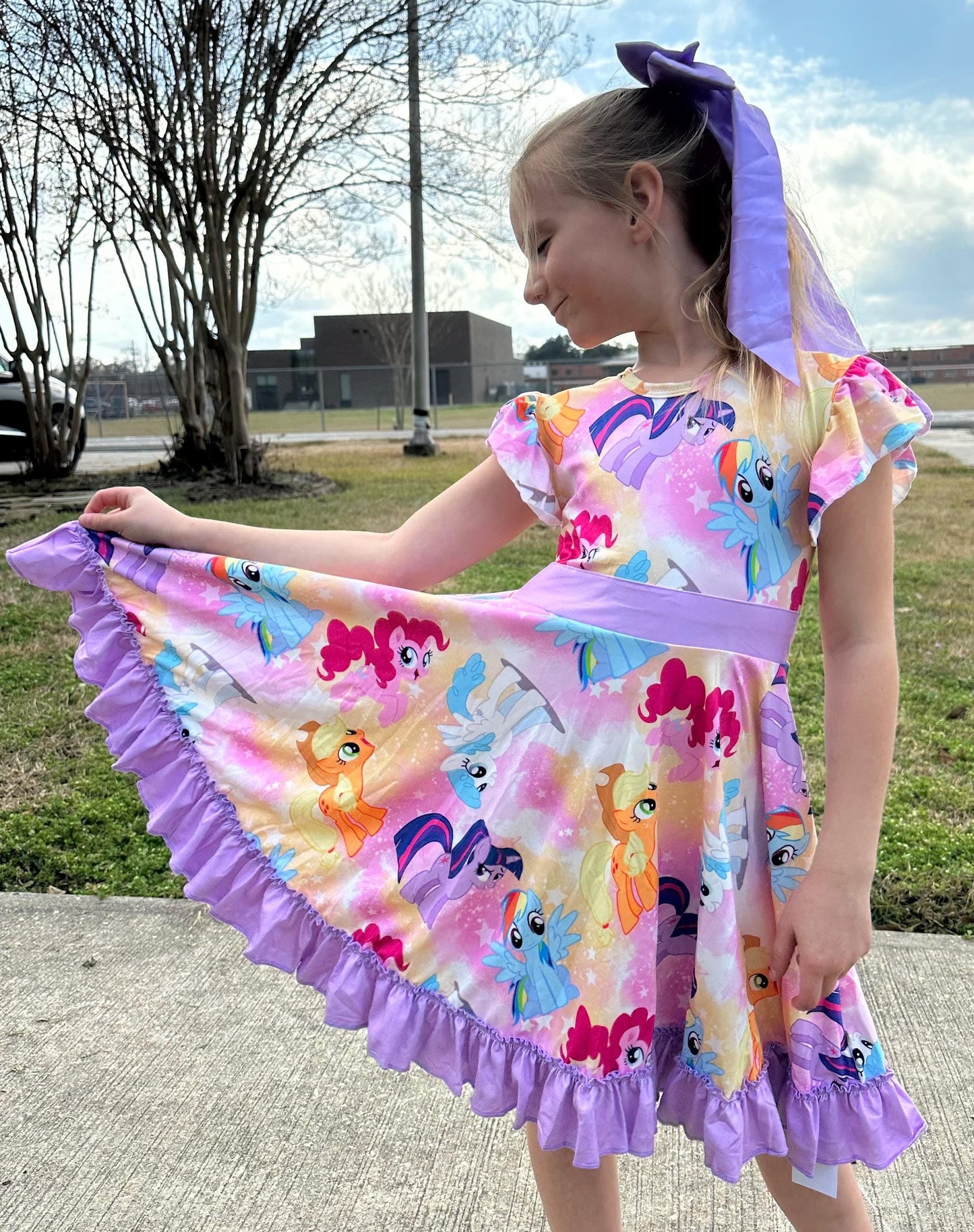 Purple Pony Bow Back Twirl Dress with Shorts