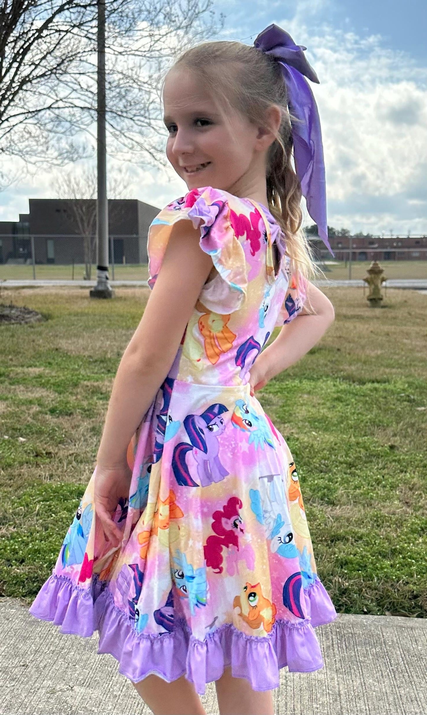 Purple Pony Bow Back Twirl Dress with Shorts