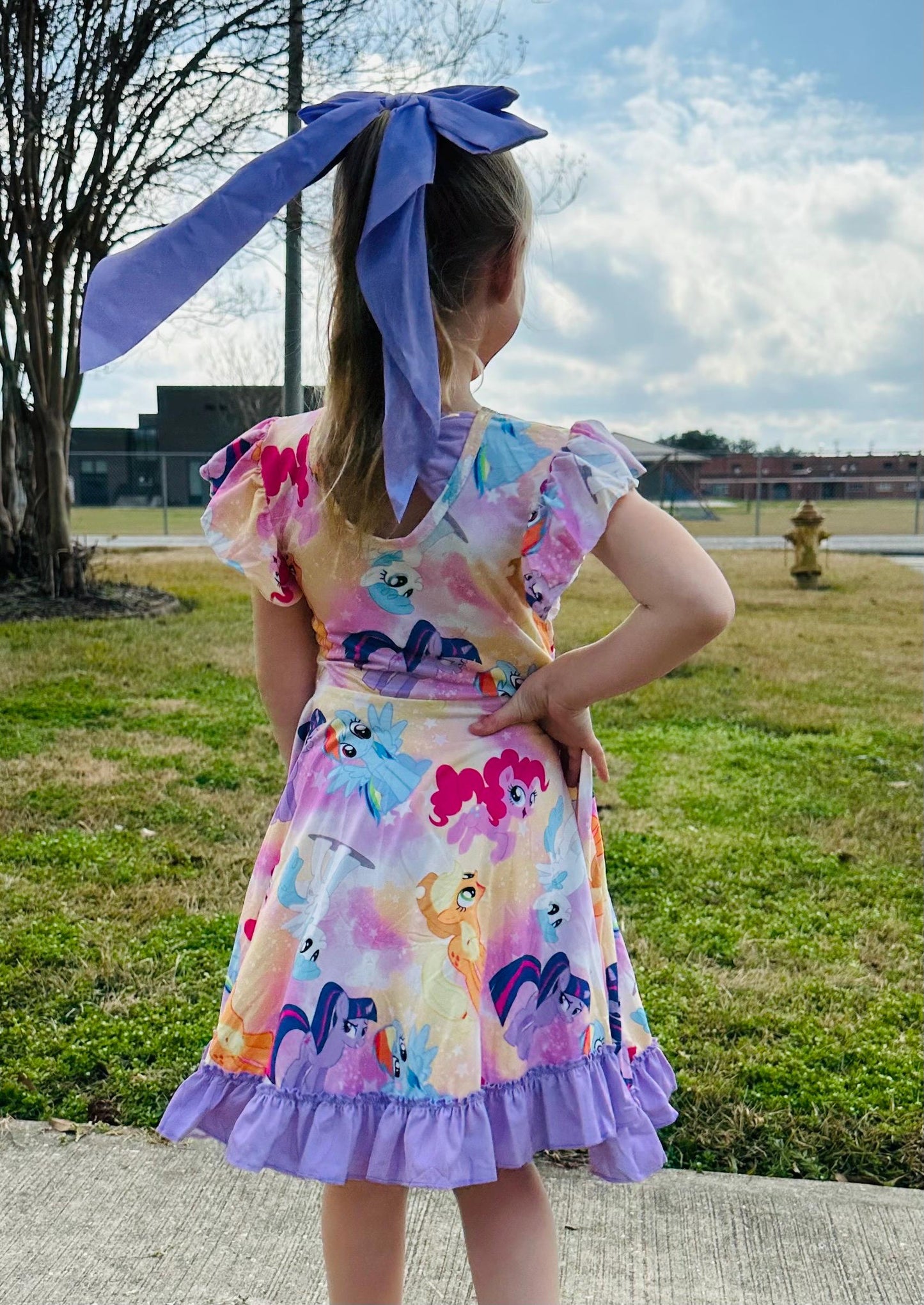 Purple Pony Bow Back Twirl Dress with Shorts
