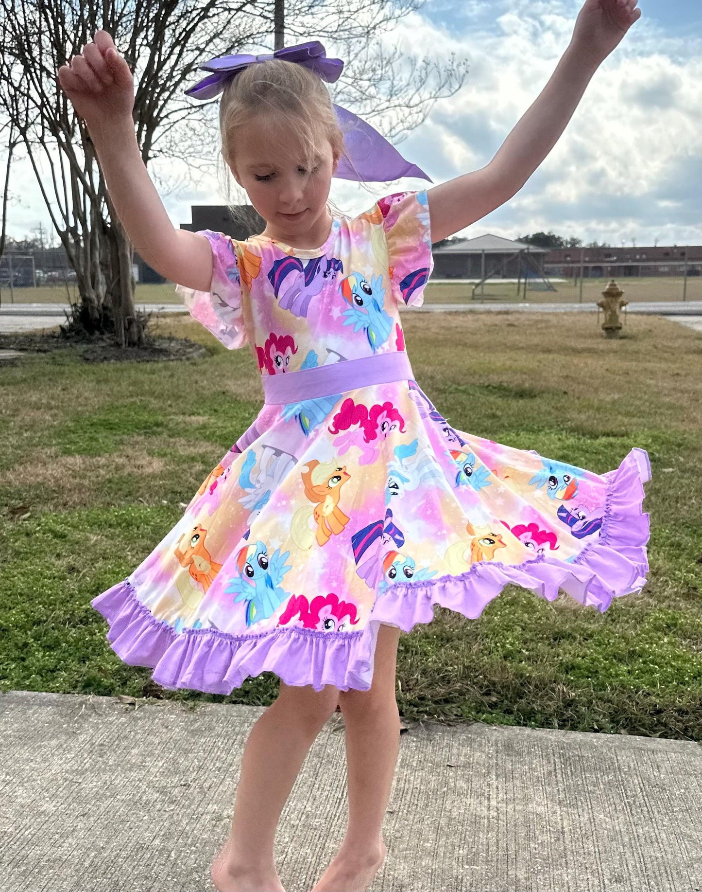Purple Pony Bow Back Twirl Dress with Shorts