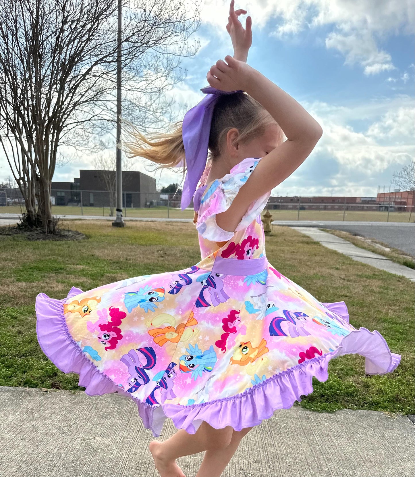 Purple Pony Bow Back Twirl Dress with Shorts