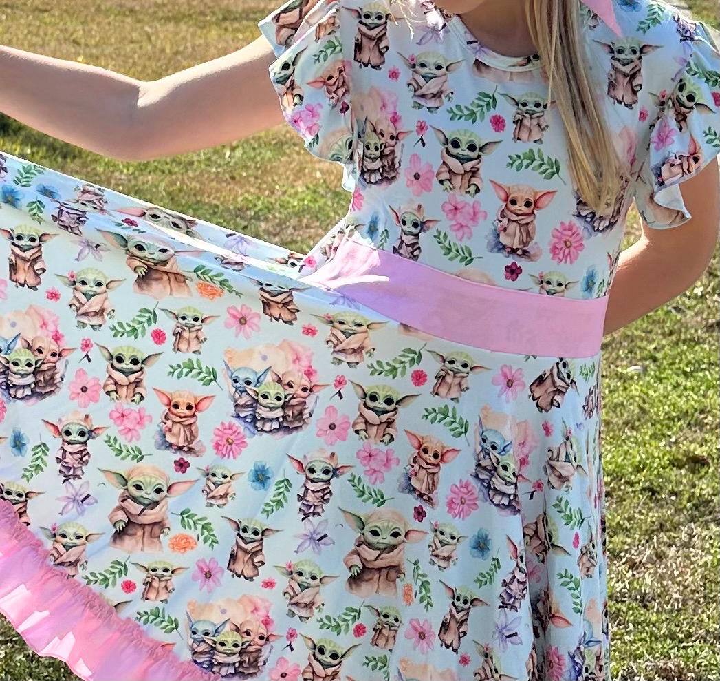 Baby Green Alien Bow Back Twirl Dress