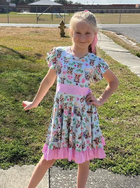 Baby Green Alien Bow Back Twirl Dress