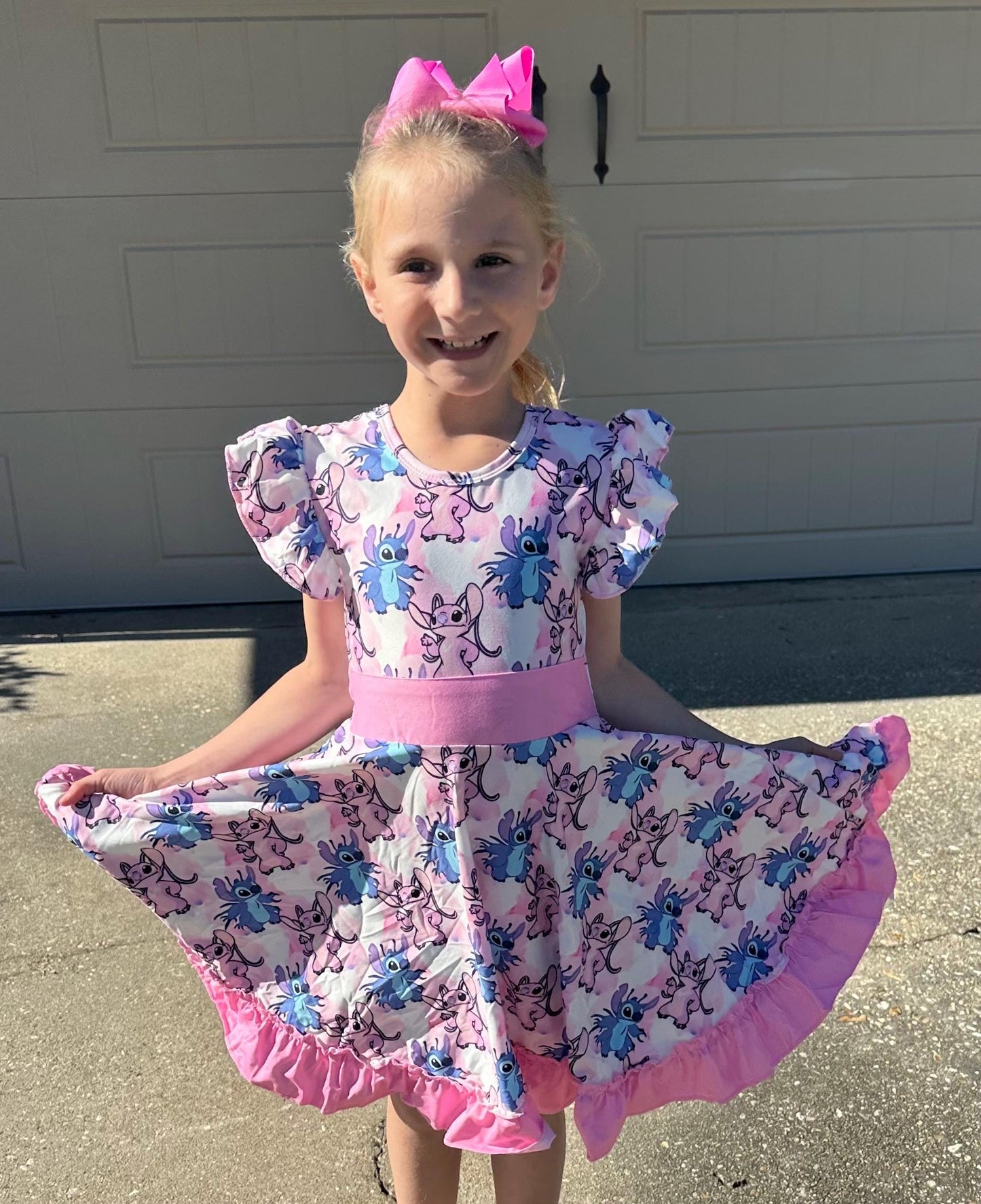 Blue Alien and Girlfriend Pink Bow Back Twirl Dress with shorts