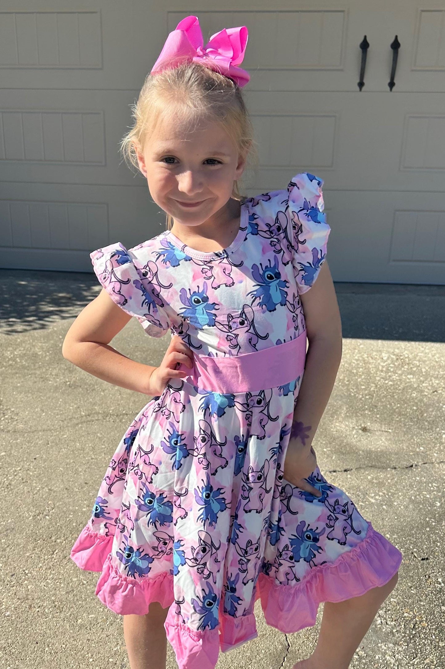 Blue Alien and Girlfriend Pink Bow Back Twirl Dress with shorts