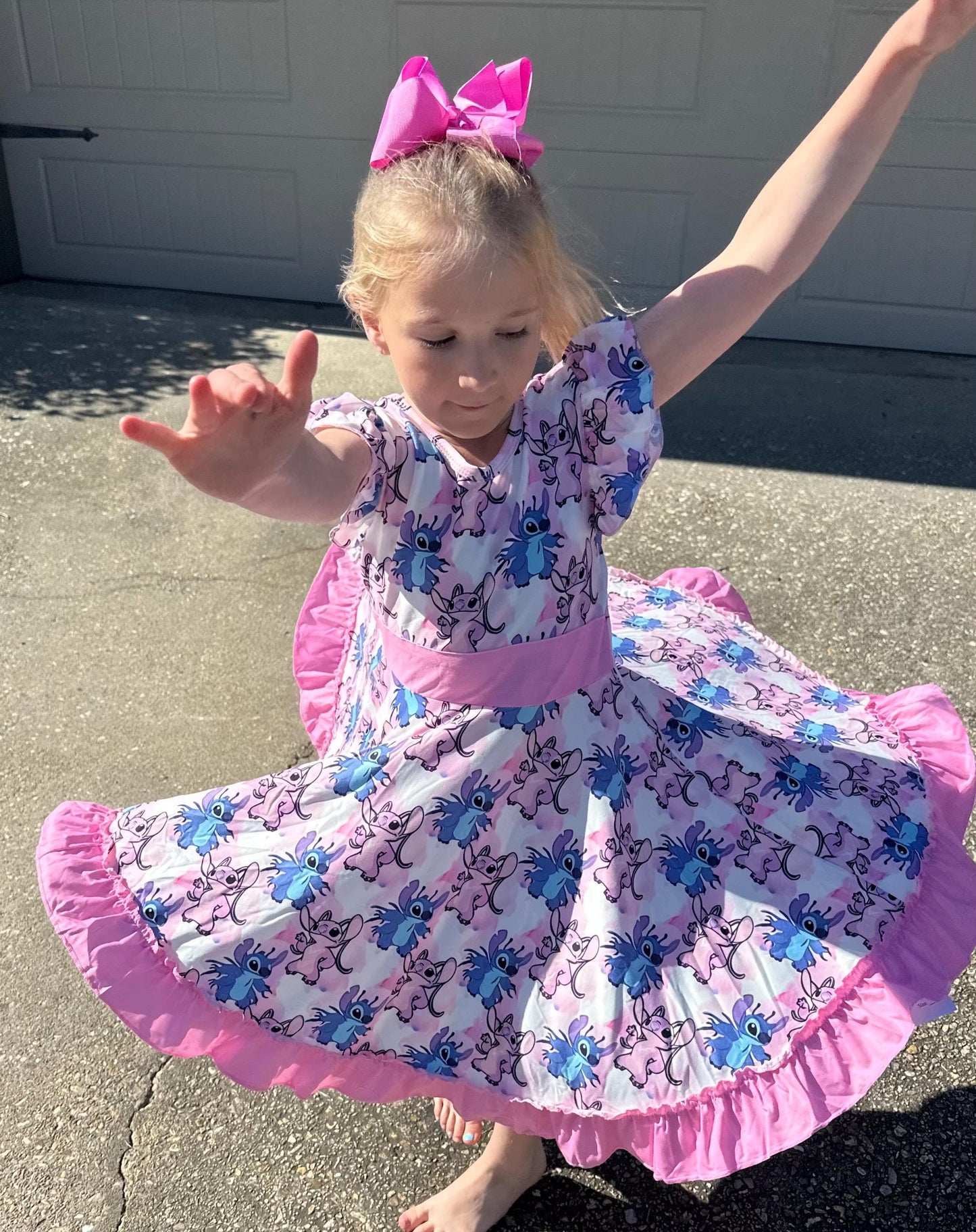 Blue Alien and Girlfriend Pink Bow Back Twirl Dress with shorts