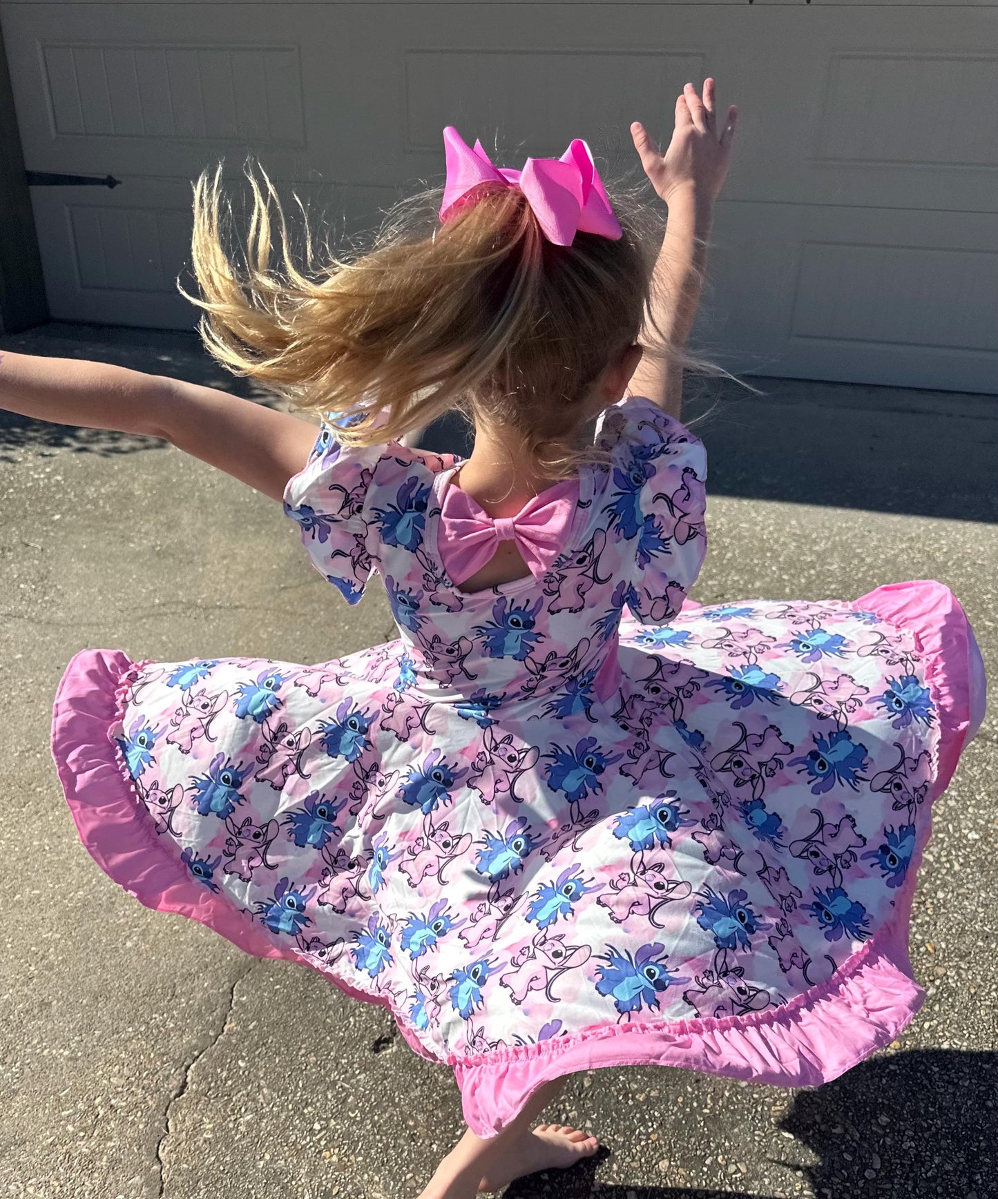 Blue Alien and Girlfriend Pink Bow Back Twirl Dress with shorts