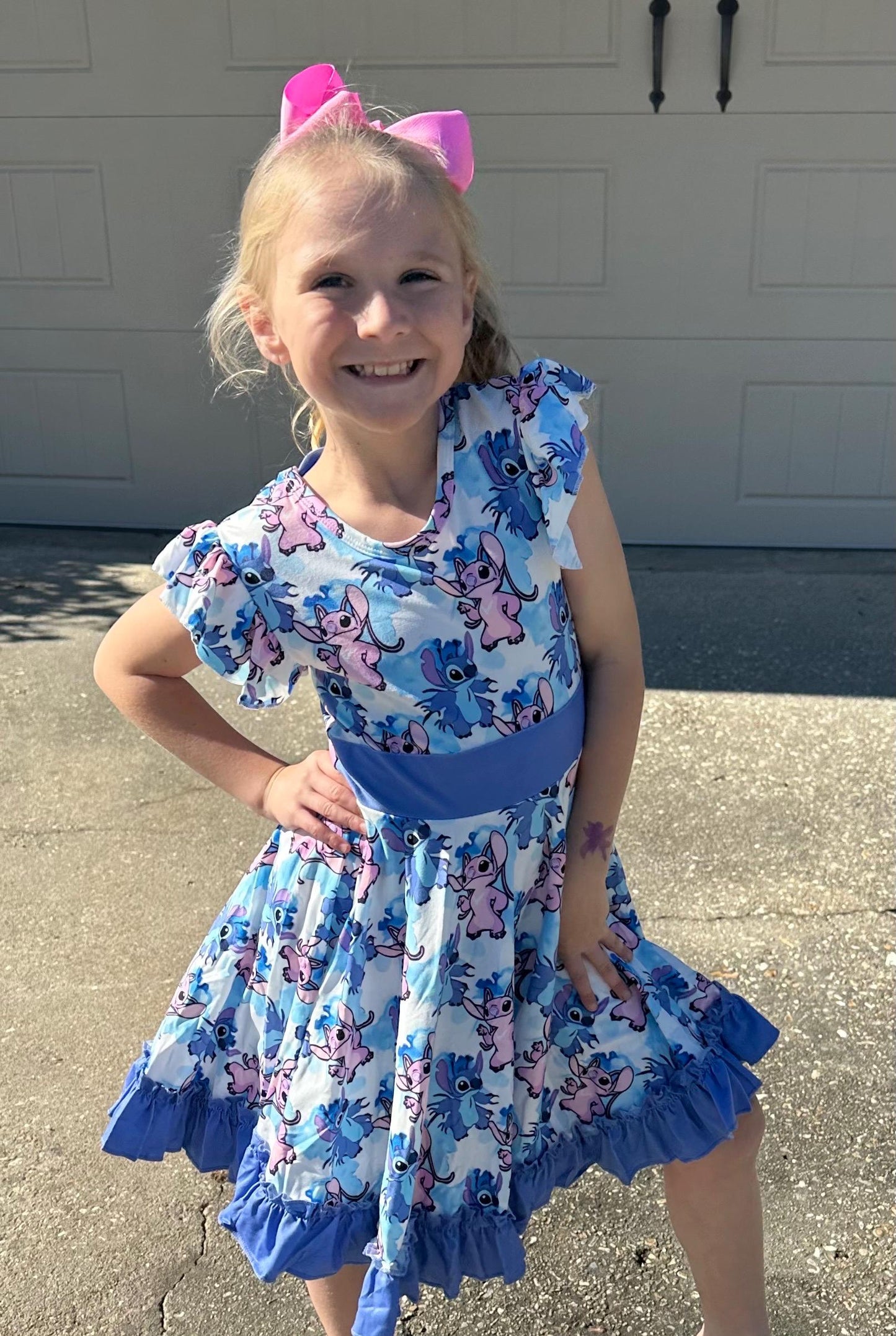 Blue Alien and Girlfriend Blue Bow Back Twirl Dress with shorts
