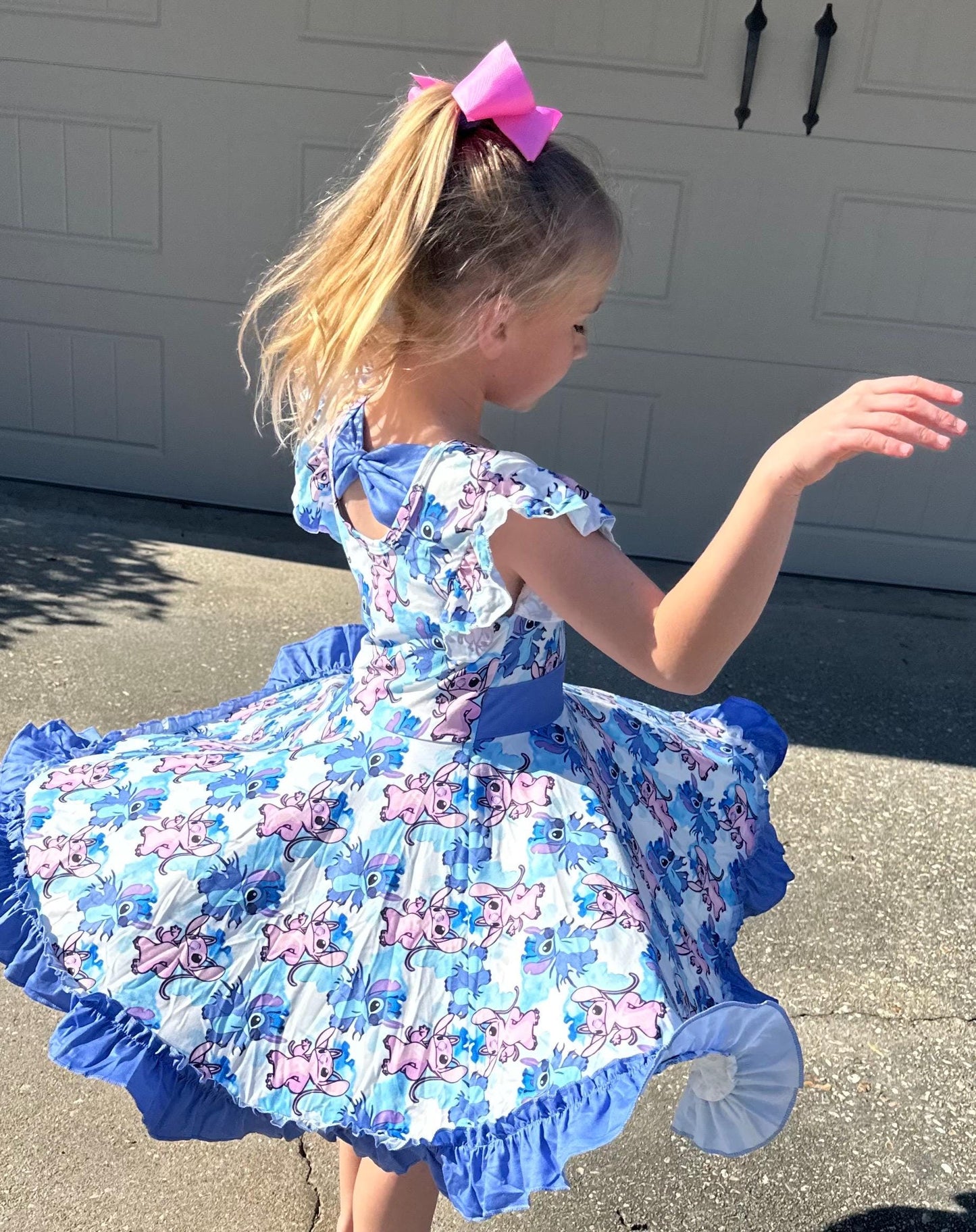Blue Alien and Girlfriend Blue Bow Back Twirl Dress with shorts