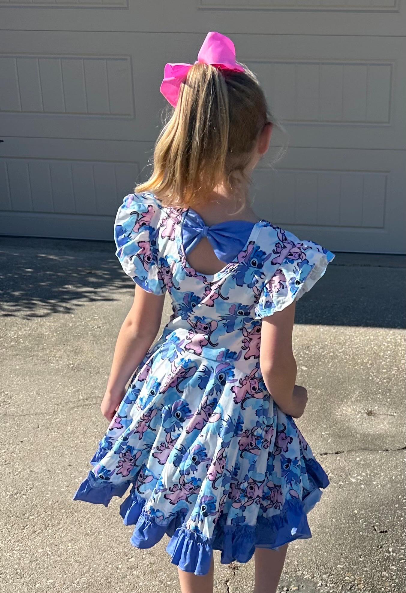 Blue Alien and Girlfriend Blue Bow Back Twirl Dress with shorts