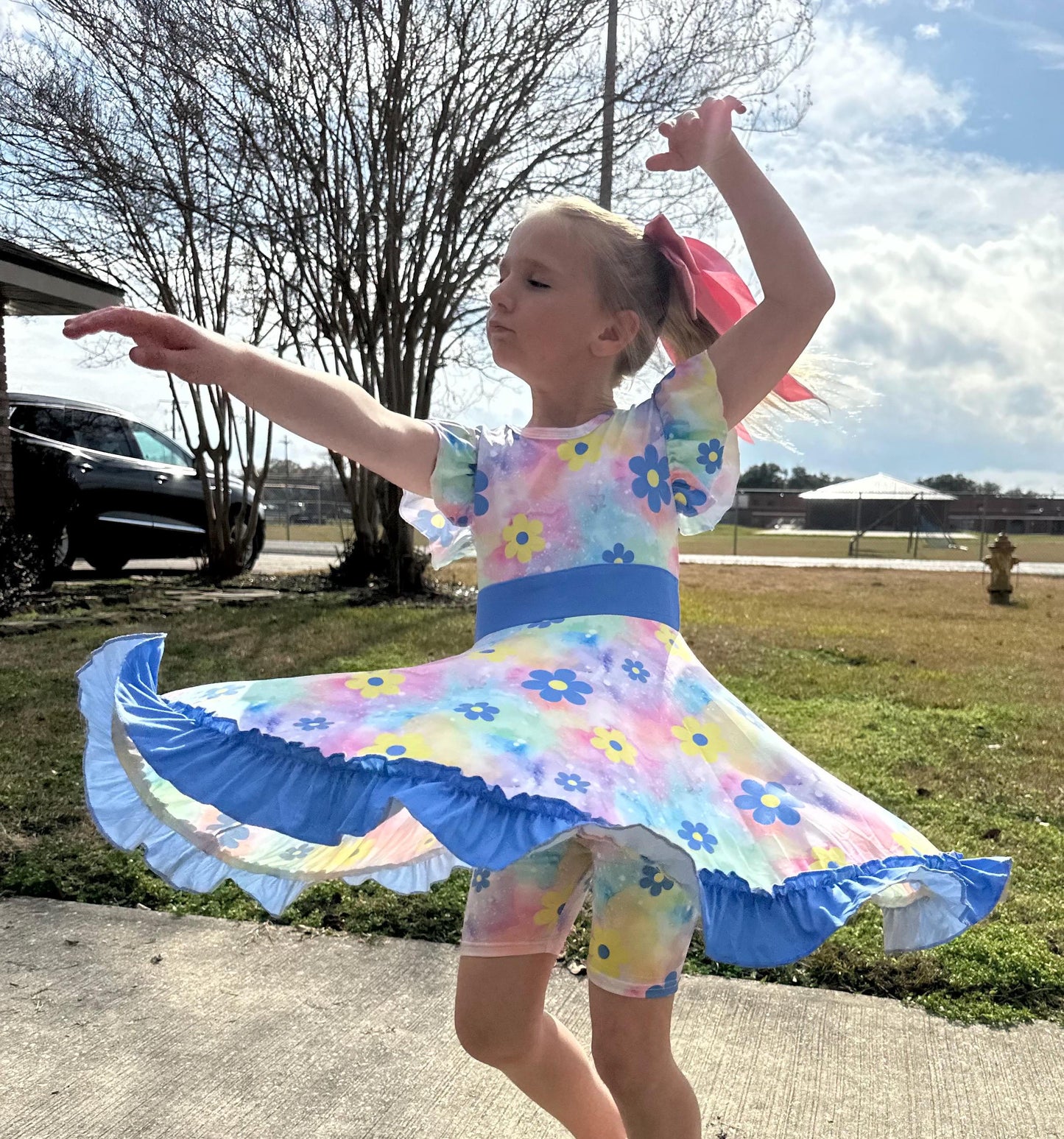Rainbow Pastel Flower Bow Back Twirl Fress with Shorts