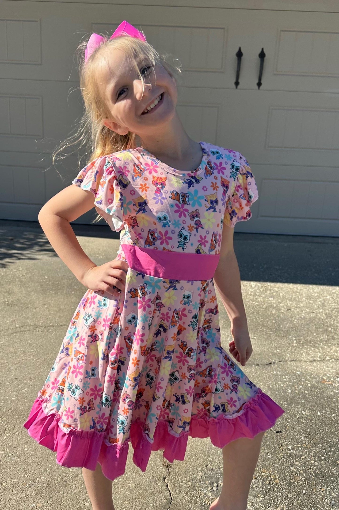 Super Hero Cats and Daisies Bow Back Twirl Dress with shorts