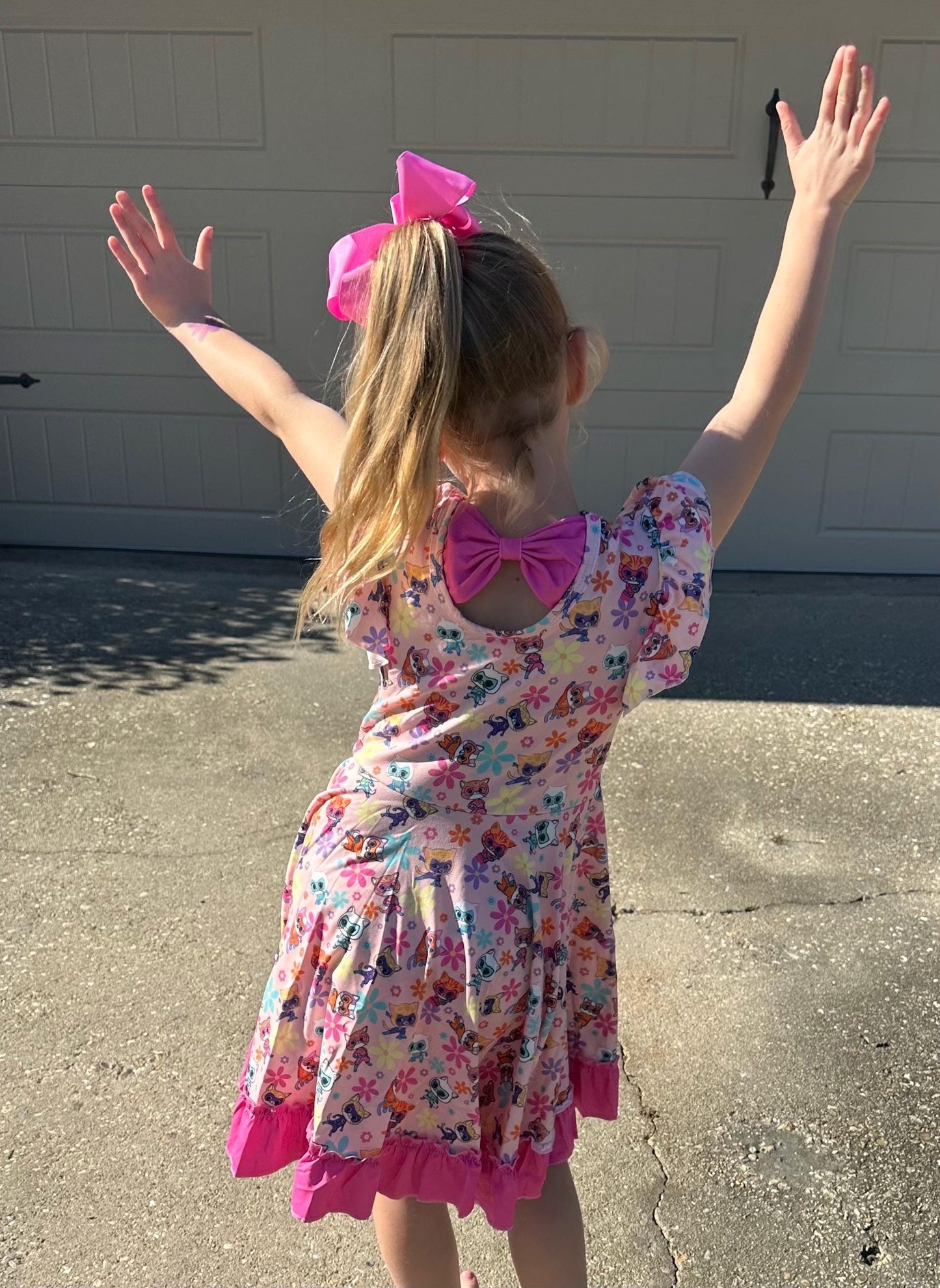 Super Hero Cats and Daisies Bow Back Twirl Dress with shorts