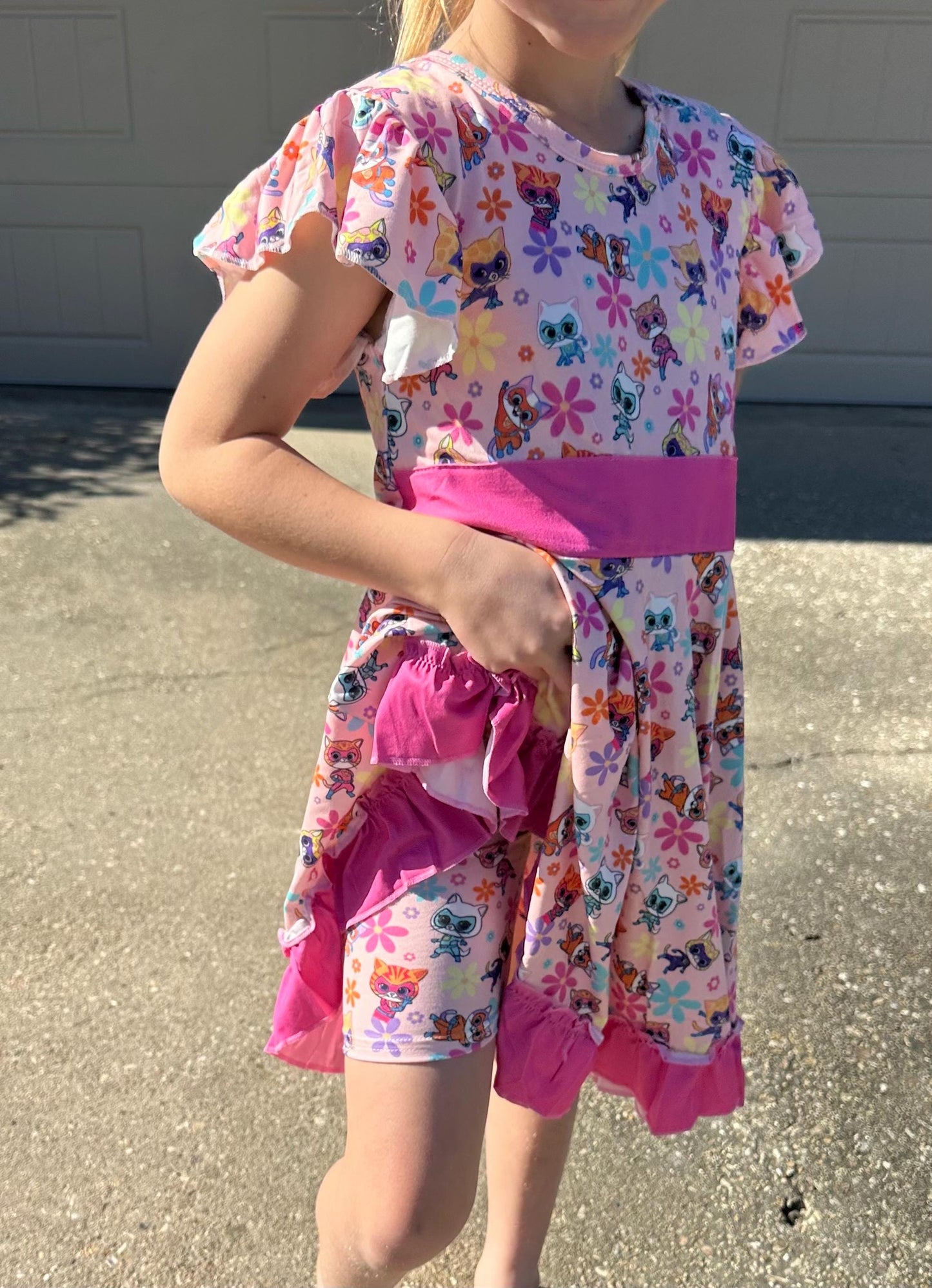 Super Hero Cats and Daisies Bow Back Twirl Dress with shorts