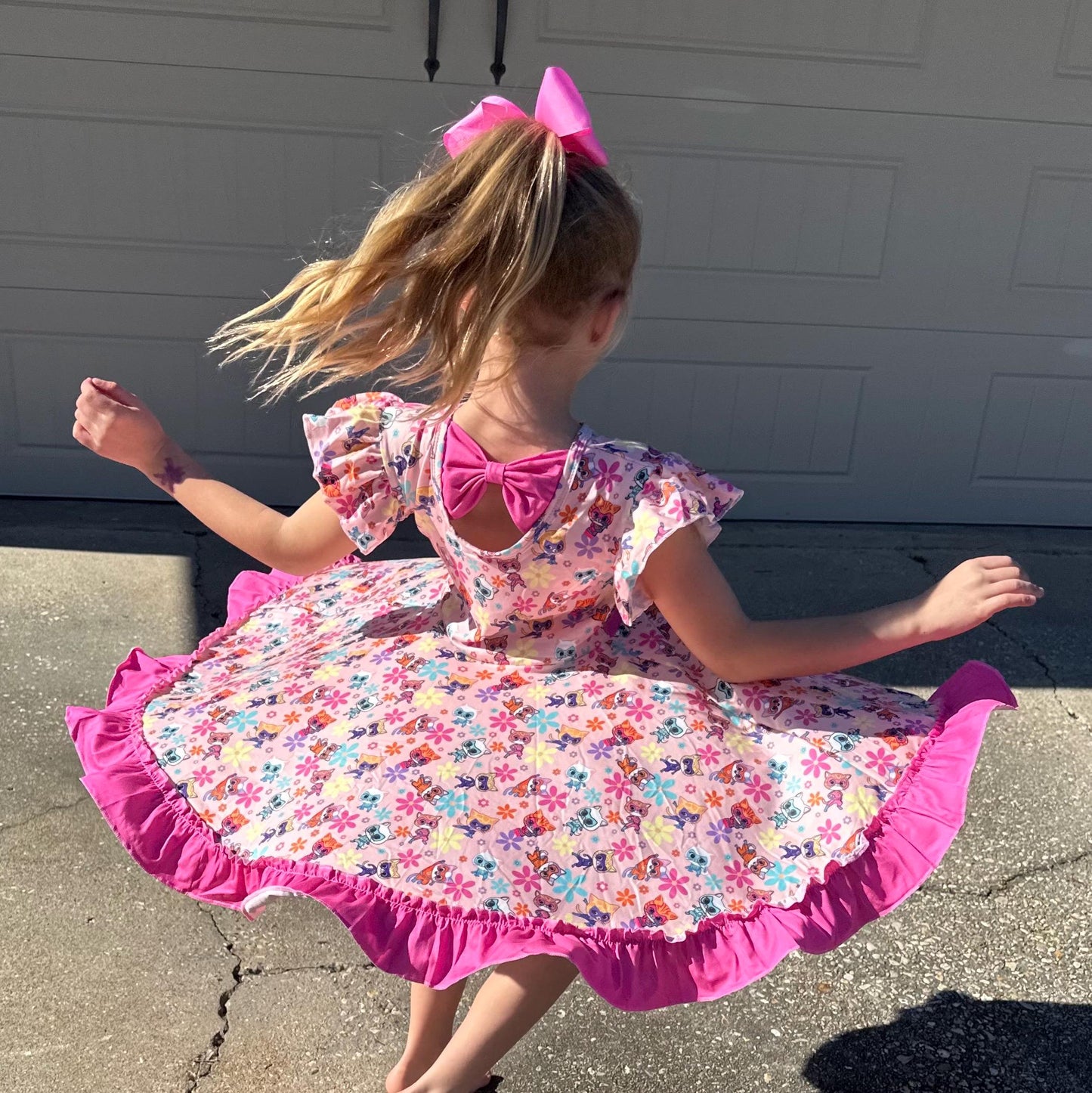 Super Hero Cats and Daisies Bow Back Twirl Dress with shorts