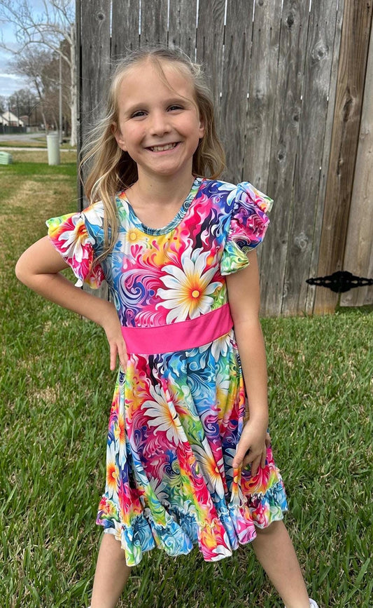 Watercolor Daisy Swirls Bow Back Twirl Dress