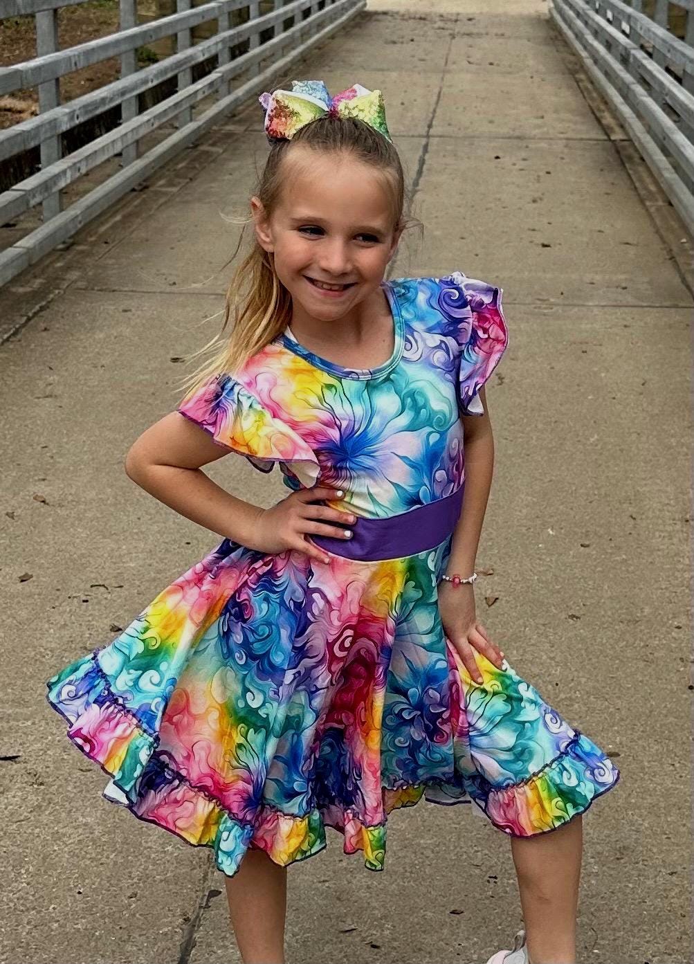 Rainbow Watercolor Swirls Bow Back Twirl Dress