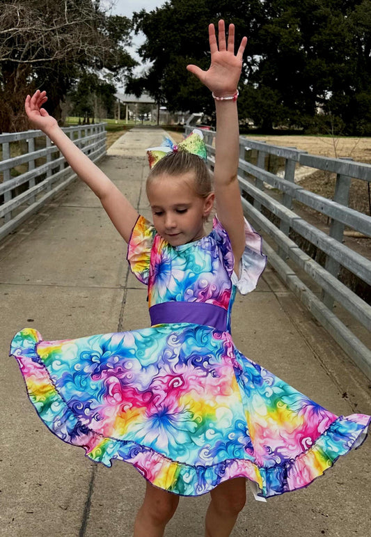 Rainbow Watercolor Swirls Bow Back Twirl Dress