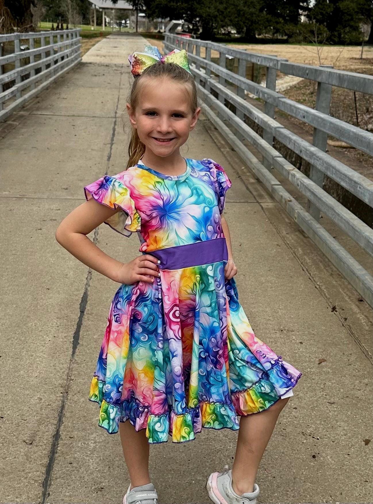 Rainbow Watercolor Swirls Bow Back Twirl Dress