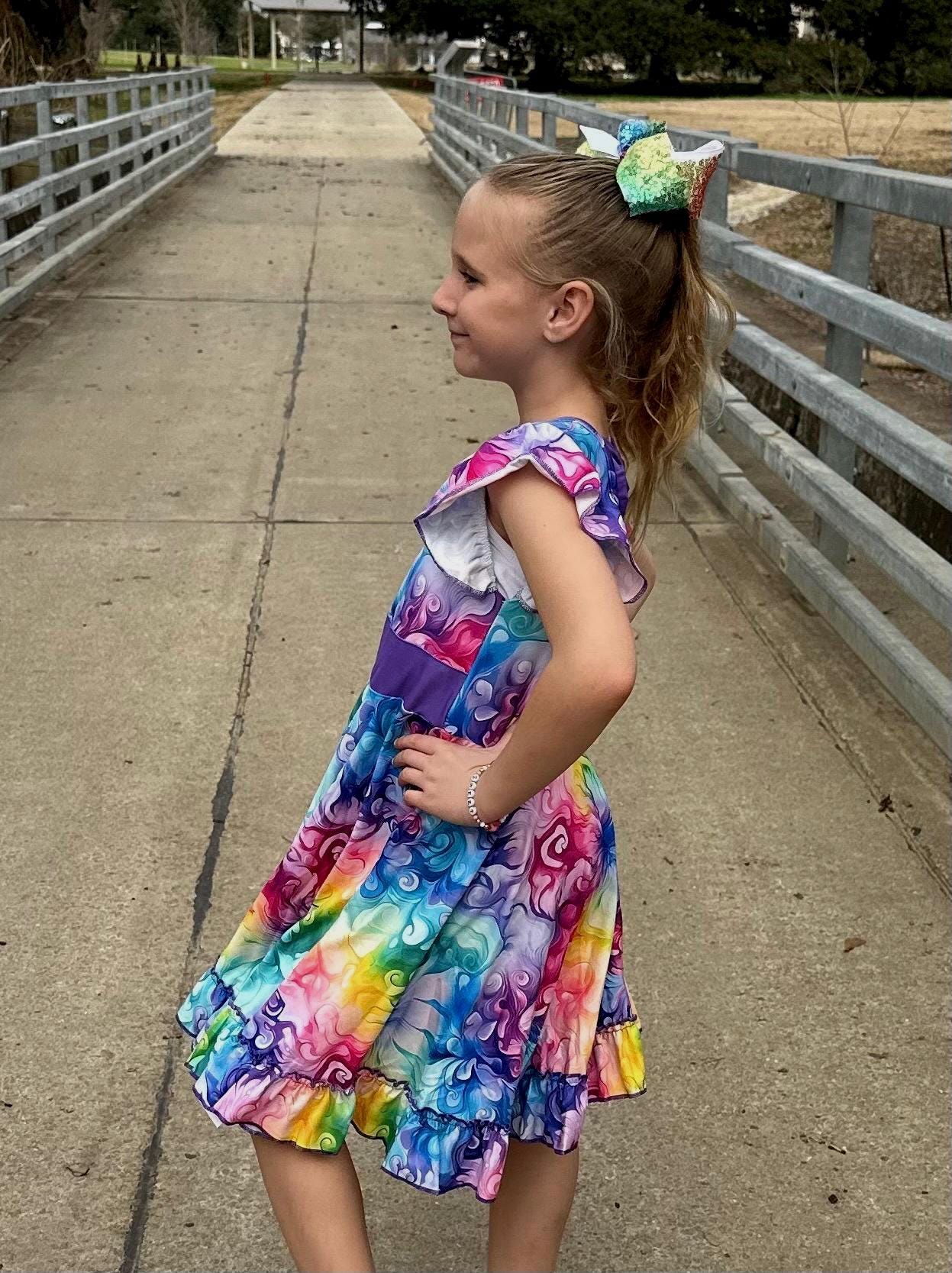 Rainbow Watercolor Swirls Bow Back Twirl Dress