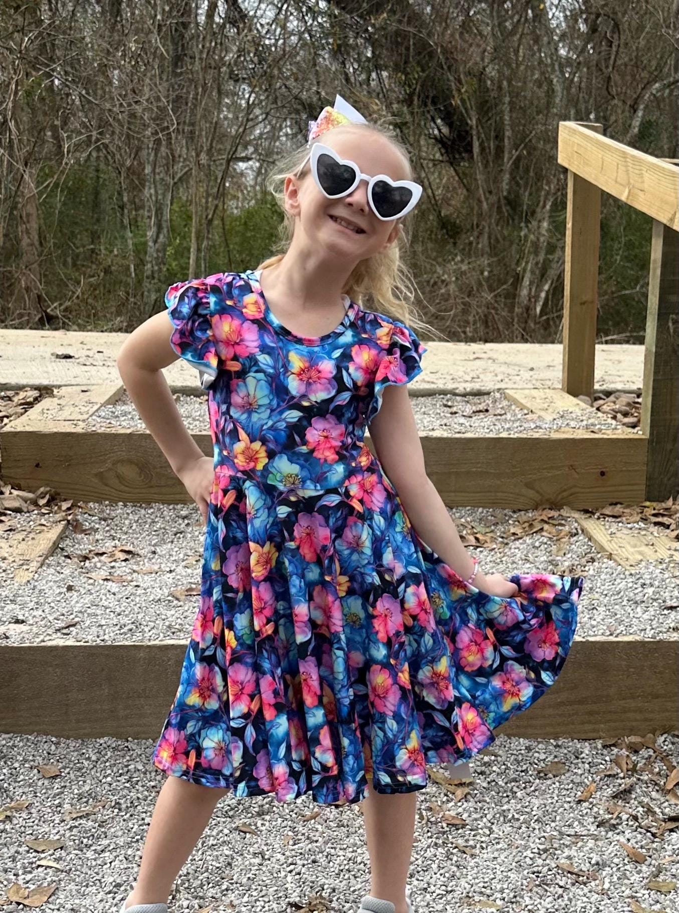 Electric Blue Floral Crossback Twirl Dress