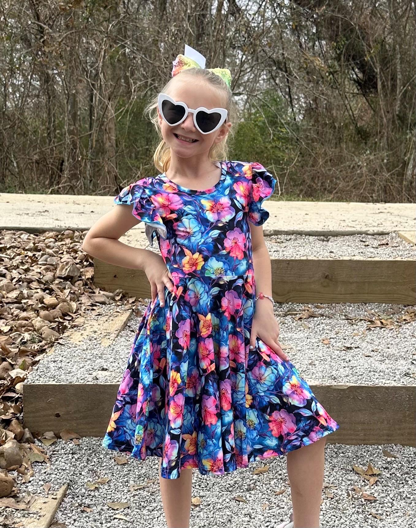 Electric Blue Floral Crossback Twirl Dress