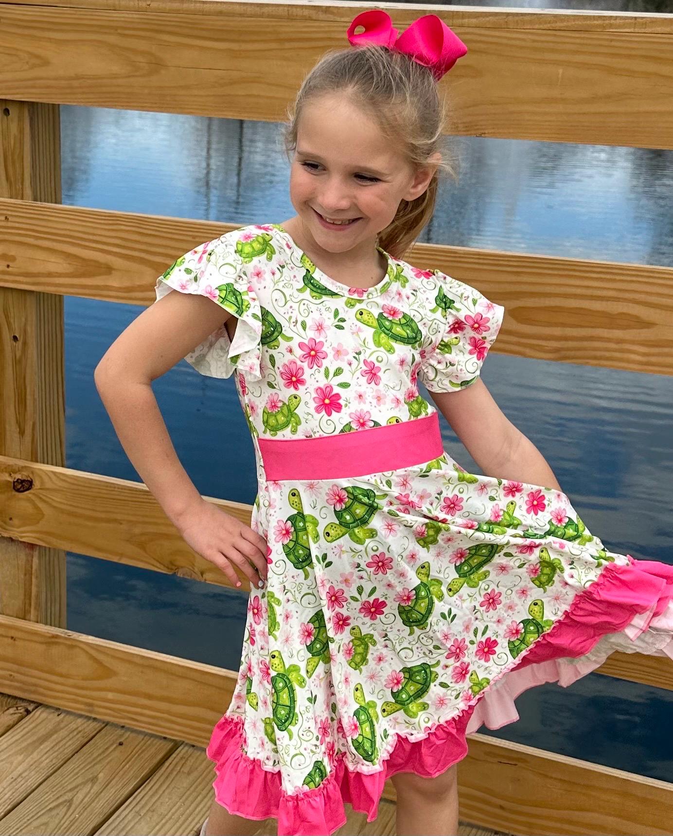 Floral Turtles Bow Back Twirl Dress