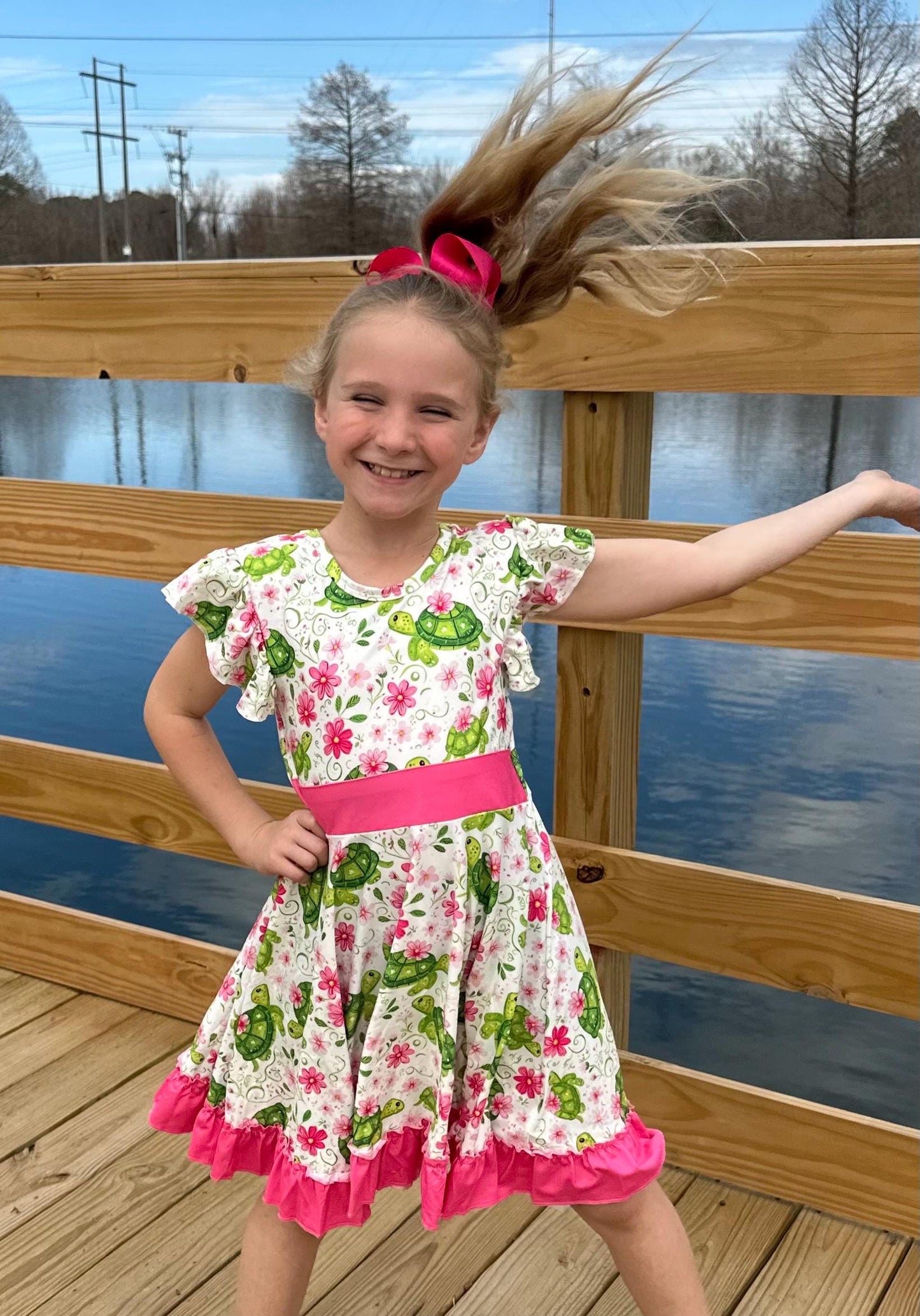 Floral Turtles Bow Back Twirl Dress